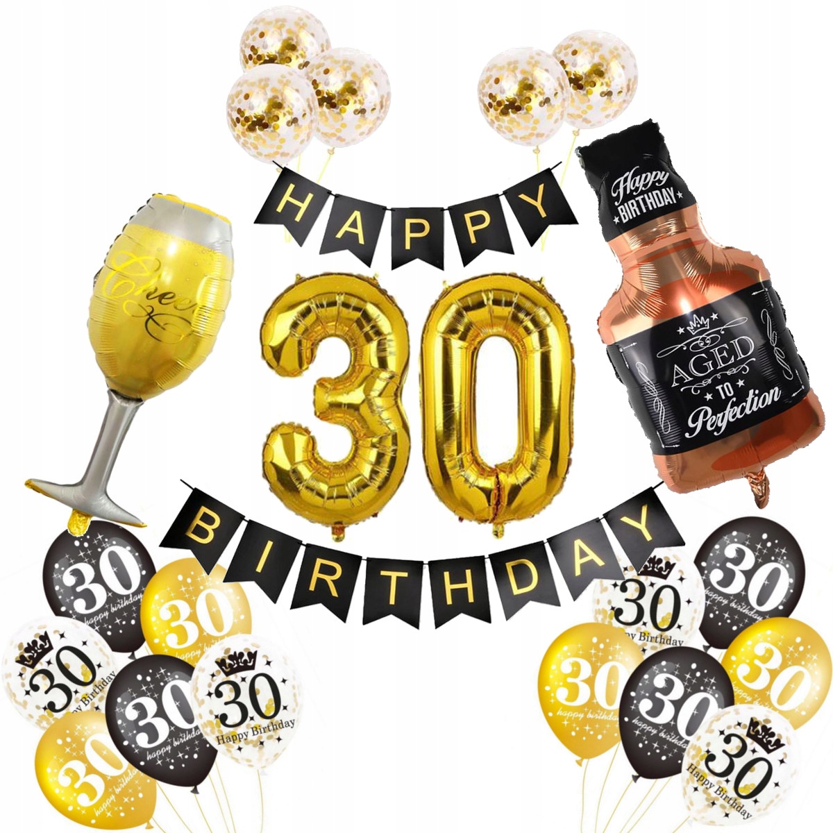 ZESTAW BALONY 30 URODZINY trzydziestka WHISKY balonów złote czarne na hel