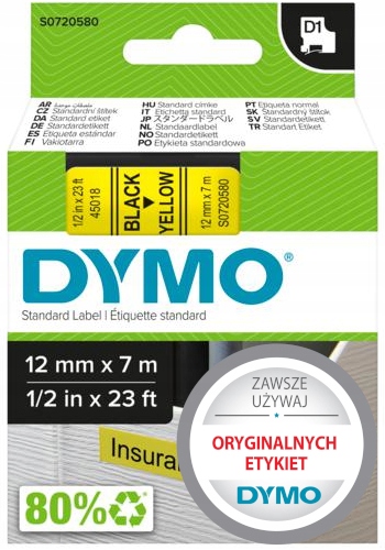 Oryginalna Taśma Dymo D1 45018 samoprzylepna 12mm x 7m żółta czarny