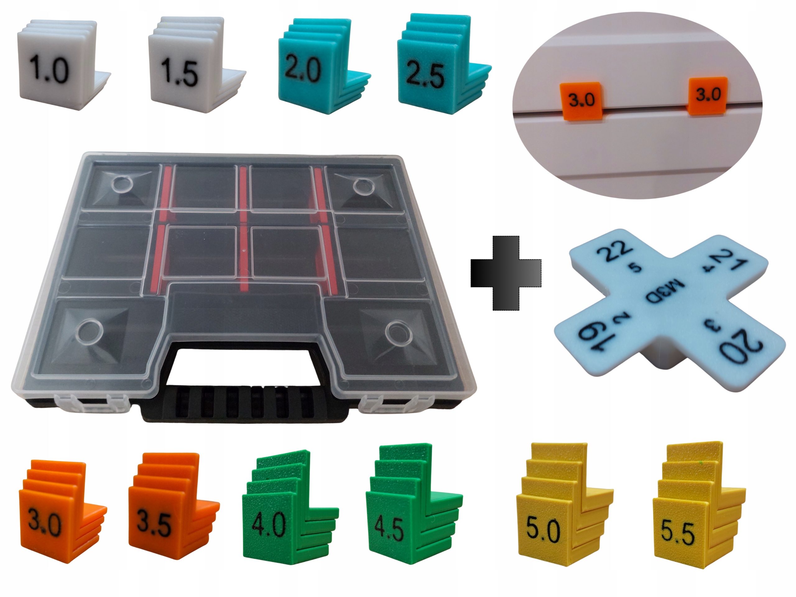 Zestaw dystansów do regulacji frontów od 1 do 5.5mm + organizer + gratis