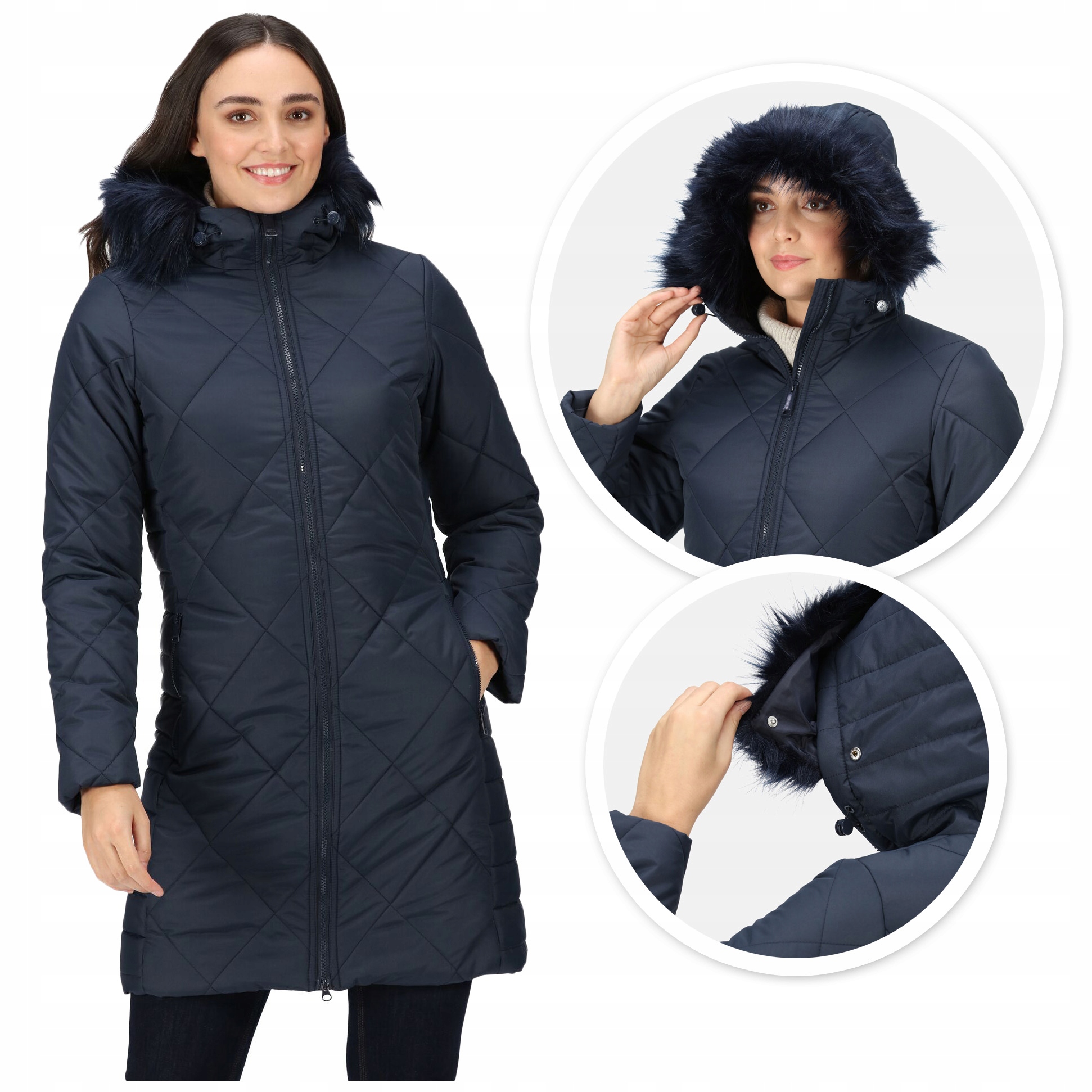 Damski płaszcz zimowy pikowany Regatta ciepły z Kapturem i futerkiem Xs