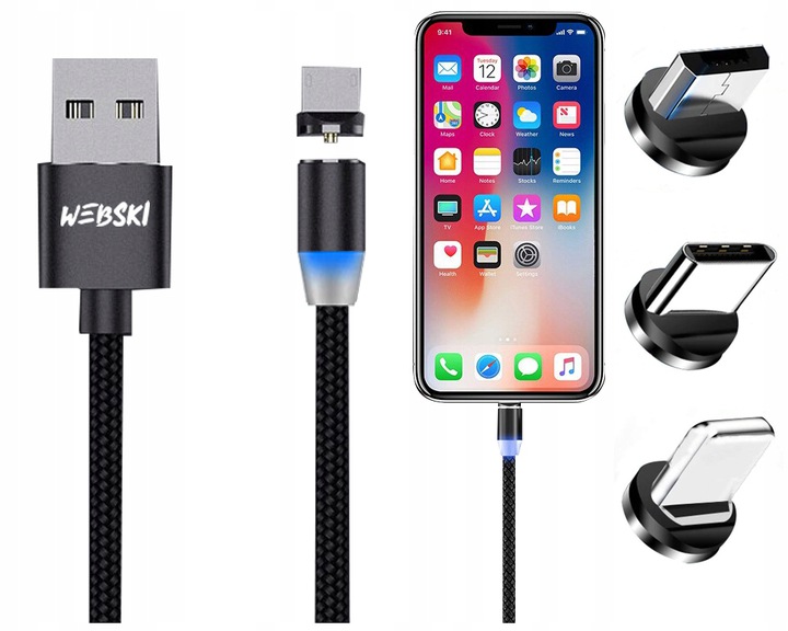 1M KABEL MAGNETYCZNY 3 RÓŻNE KOŃCÓWKI DO TELEFONU Długość przewodu 1 m