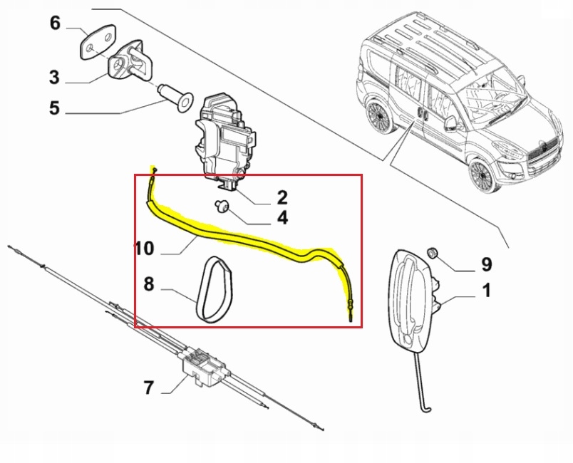 Lanko zámku bočních dveří Fiat Doblo 09-/15-