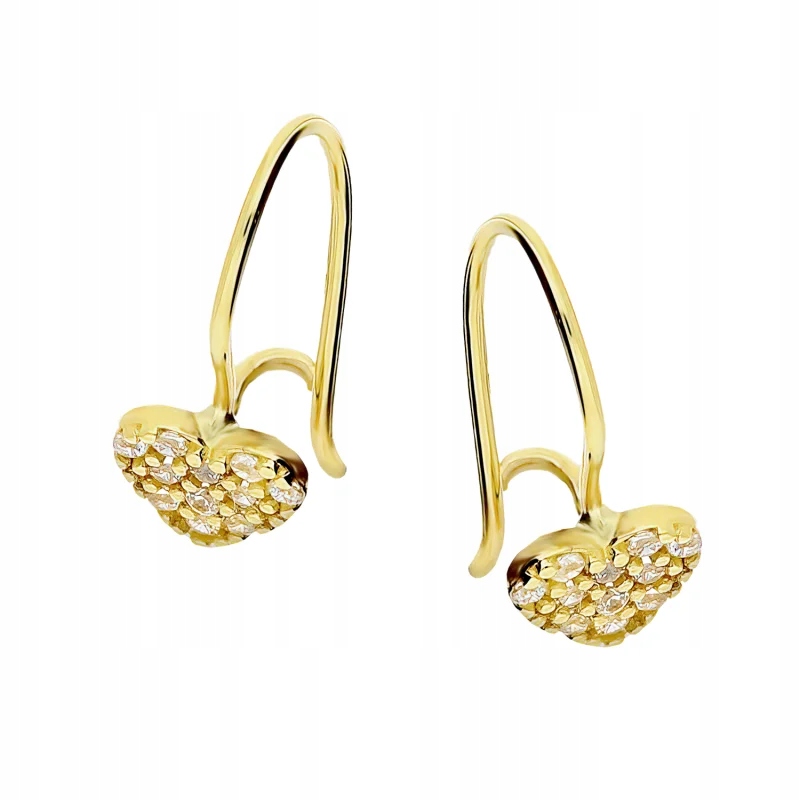 dětské náušnice ze zlata 585 s lesklými srdíčky a bílými zirkony 0.72 g
