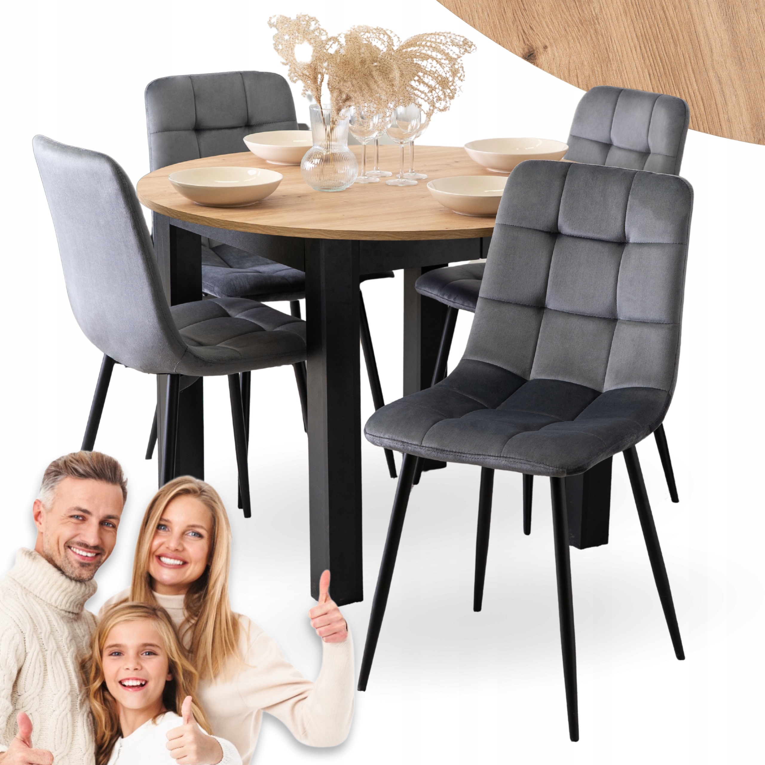 Sada rozkládacího stolu Kulatý Kuchyňská židle do jídelny Komplet Šedá 4x