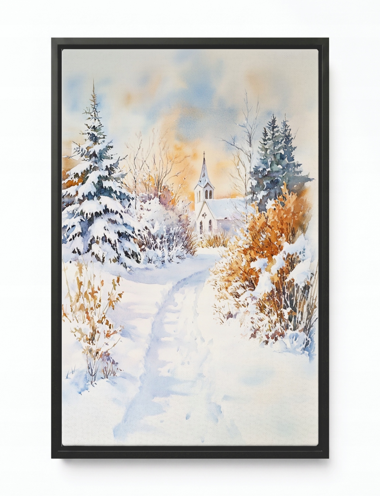 Obraz Rám Americký Box Krajina Kopec Kostel Zima Sníh Stezka 80x120