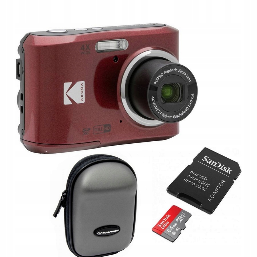 Kodak Friendly Zoom FZ45 Červený 64GB Sandisk Adaptér Pouzdro Natec