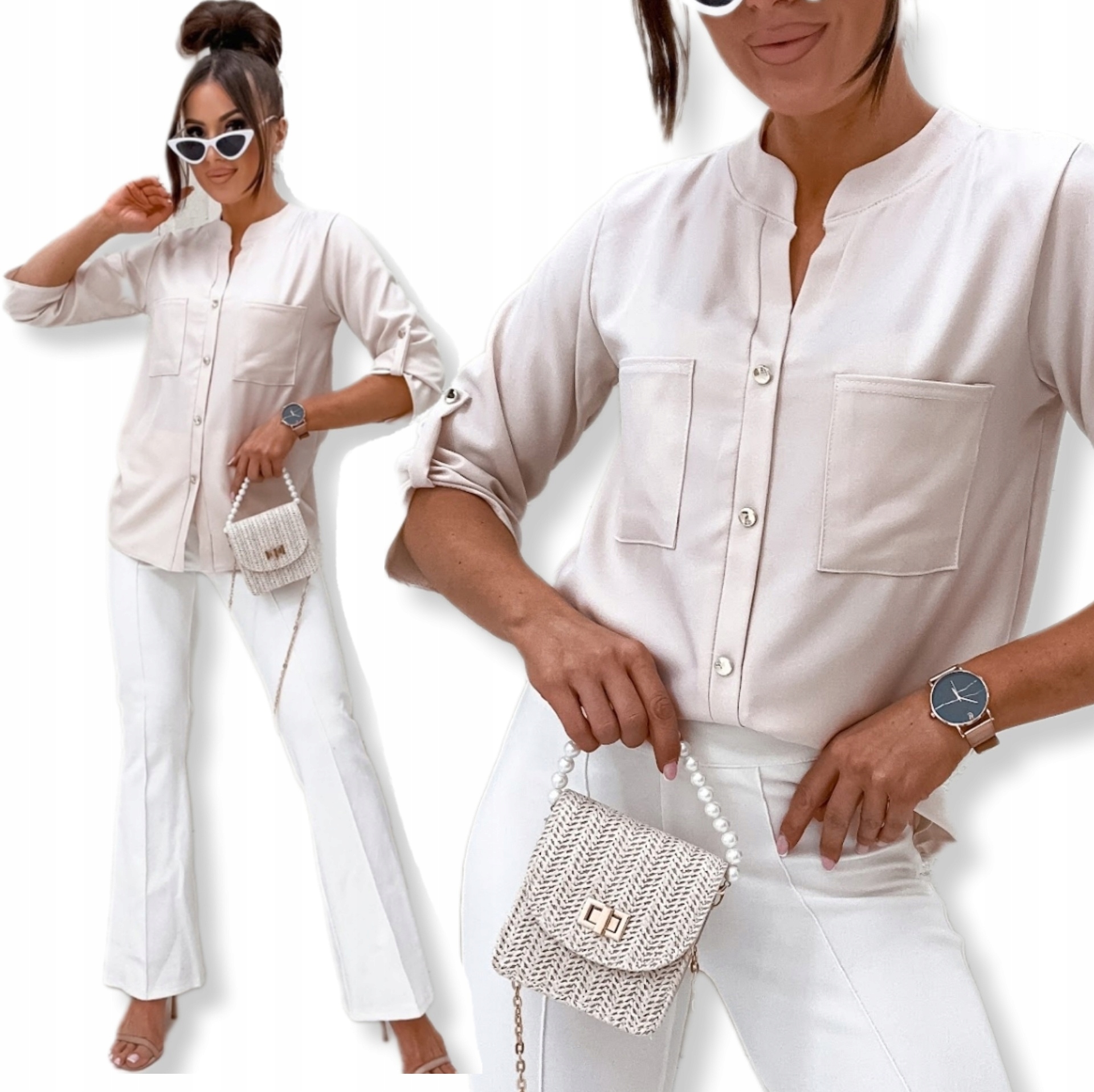 DAMSKA ELEGANCKA BLUZKA KOSZULA LUŹNA OZDOBNE GUZIKI PL PRODUCENT BEŻ XL