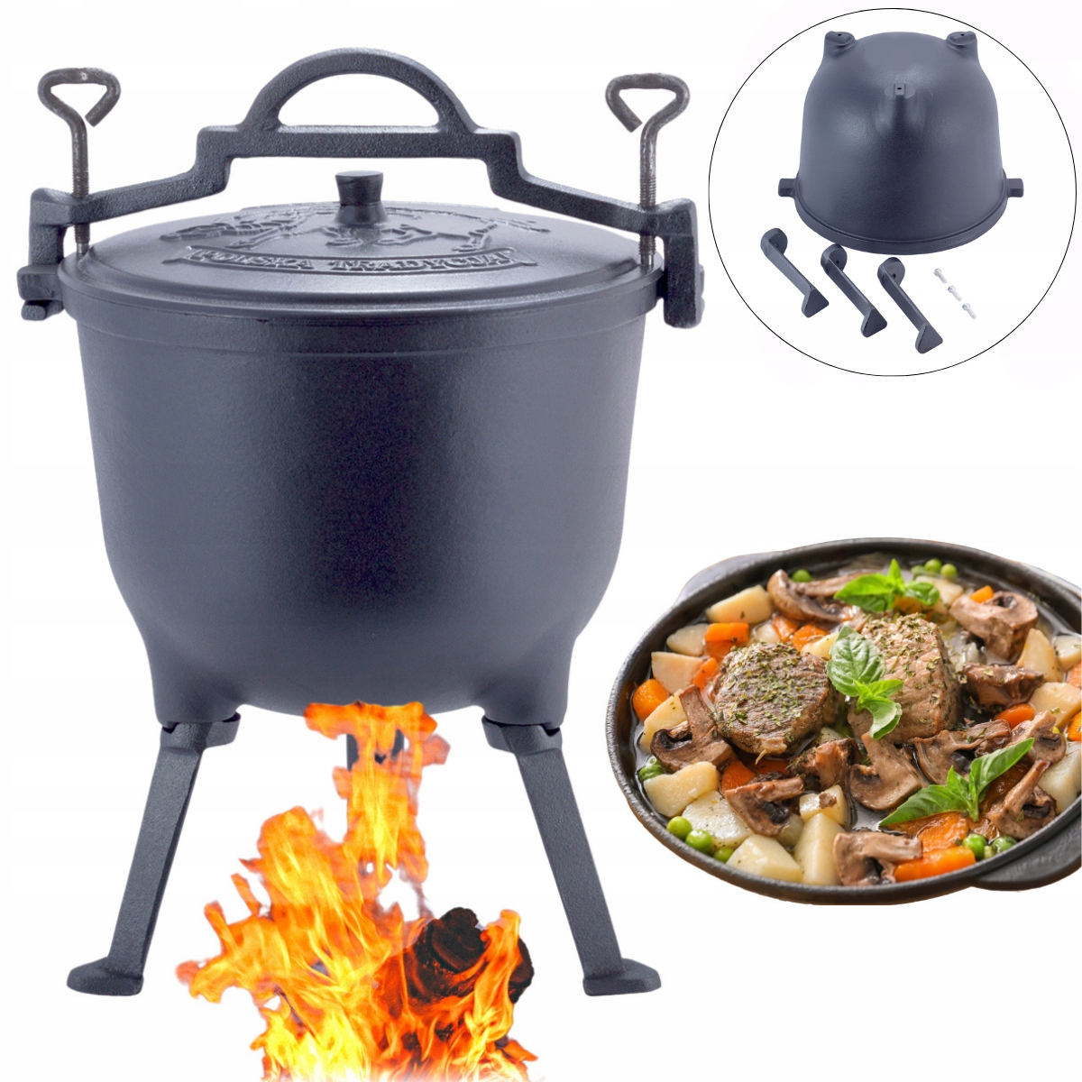 Garnek Kociołek Myśliwski Żeliwny Stojący Na Ognisko 10L Duży