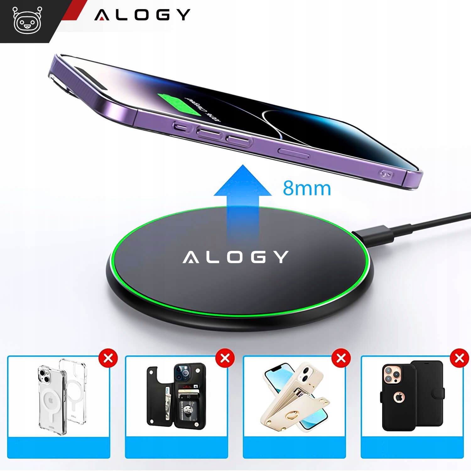 ŁADOWARKA INDUKCYJNA QI BEZPRZEWODOWA 15W DO IPHONE 15/14/13/12/11/PRO/MAX Marka Alogy