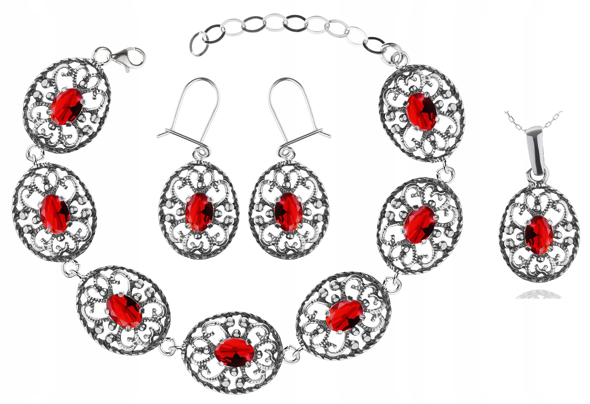 

Komplet Ażurowej Biżuterii Z Czerwonymi Cyrkoniami