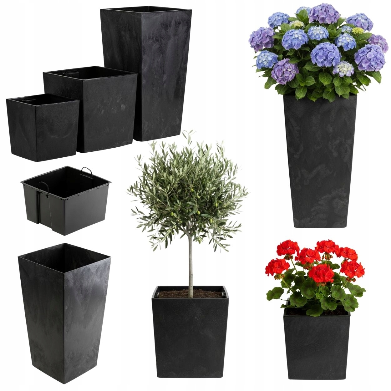 Set Kvetináč Imitácia čierneho betónu Slim na obdĺžnikovú terasu s vložkou