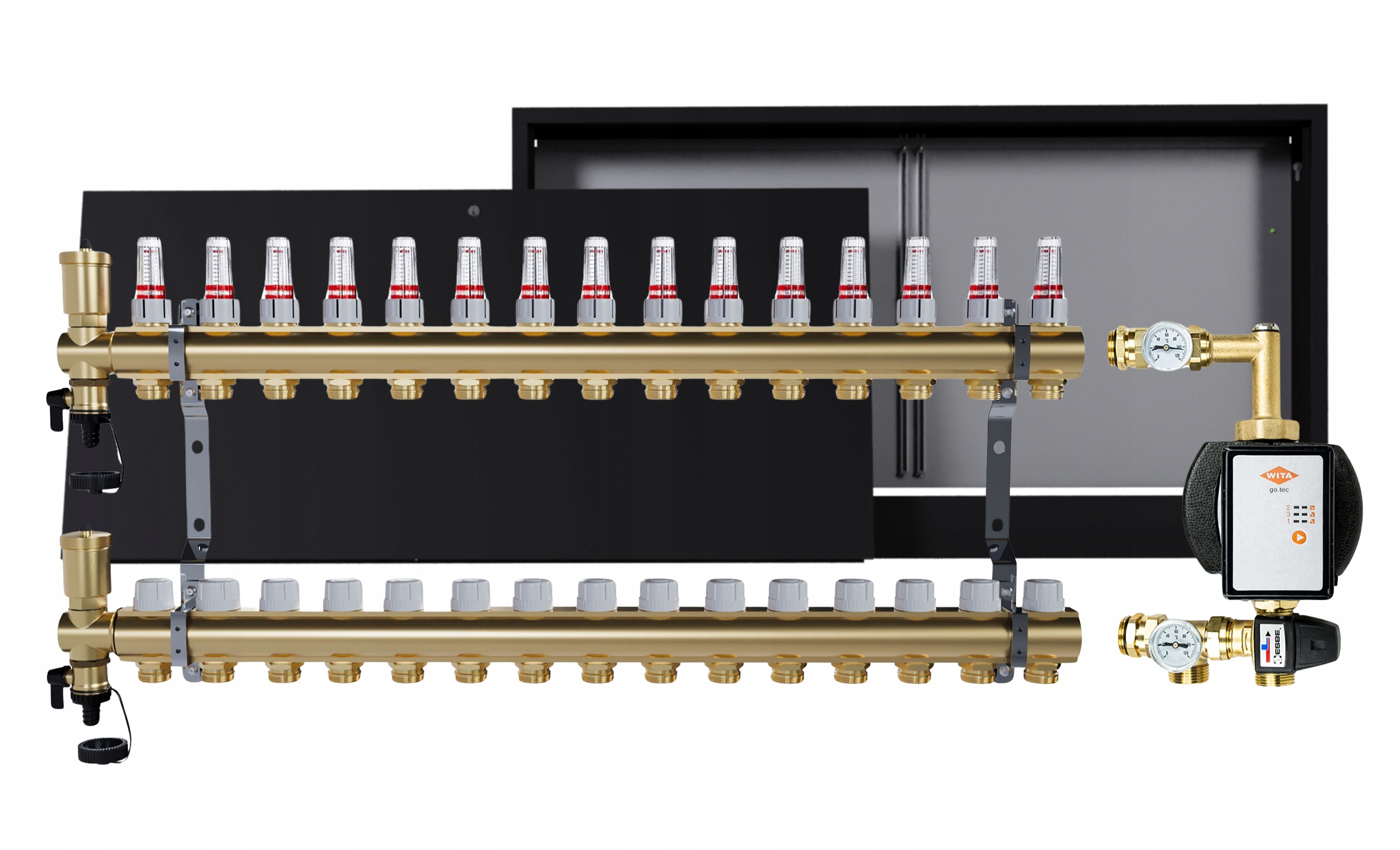 Rozdělovač pro podlahu 15 okruhů s čerpací skupinou Wita nástěnná skříňka