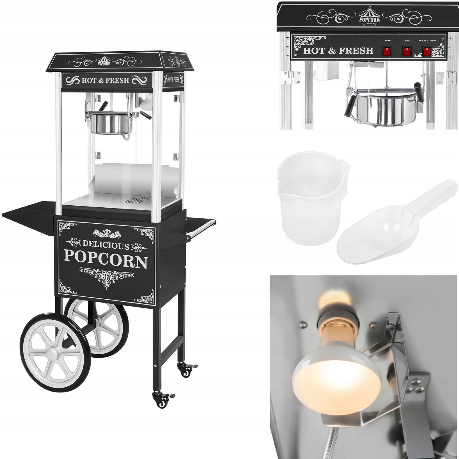 Profesionální Mobilní Popcornovač 1600W 230V Na Vozíku, Černý