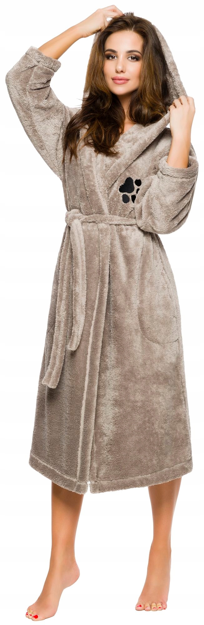 DŁUGI PUCHOWY DAMSKI SZLAFROK PODOMKA ŁAPKA M Rozmiar M