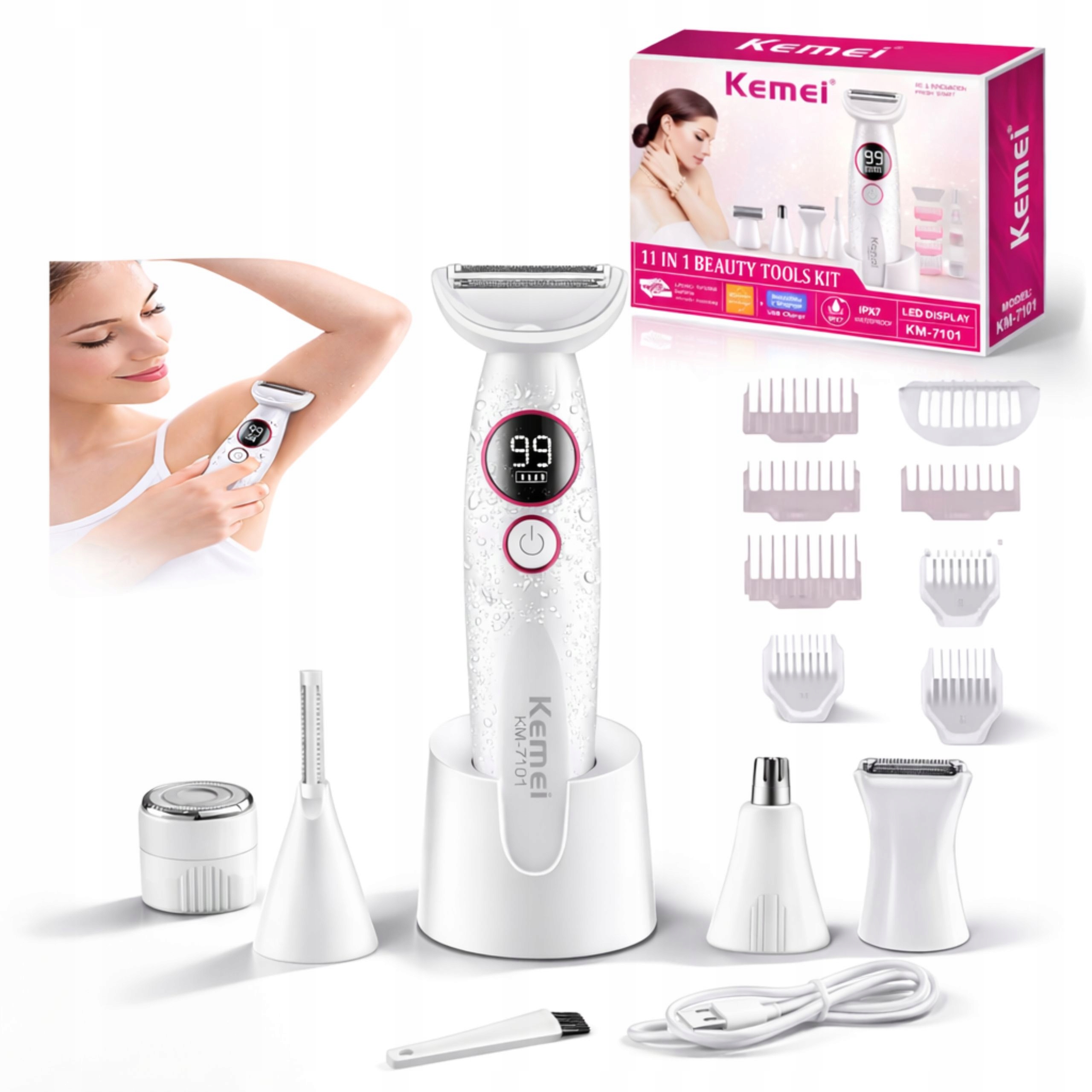 Golarka Damska 11w1 Wodoodporny LCD Usb-c Trymer Depilator Bikini Nóg Pach