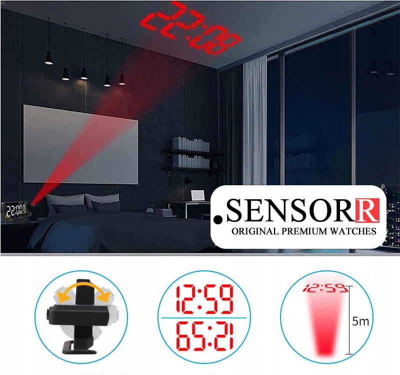 ZEGAR ELEKTRONICZNY LED BUDZIK Z PROJEKTOREM LASEROWYM Z RADIEM TEMPERATURA Tarcza cyfrowa