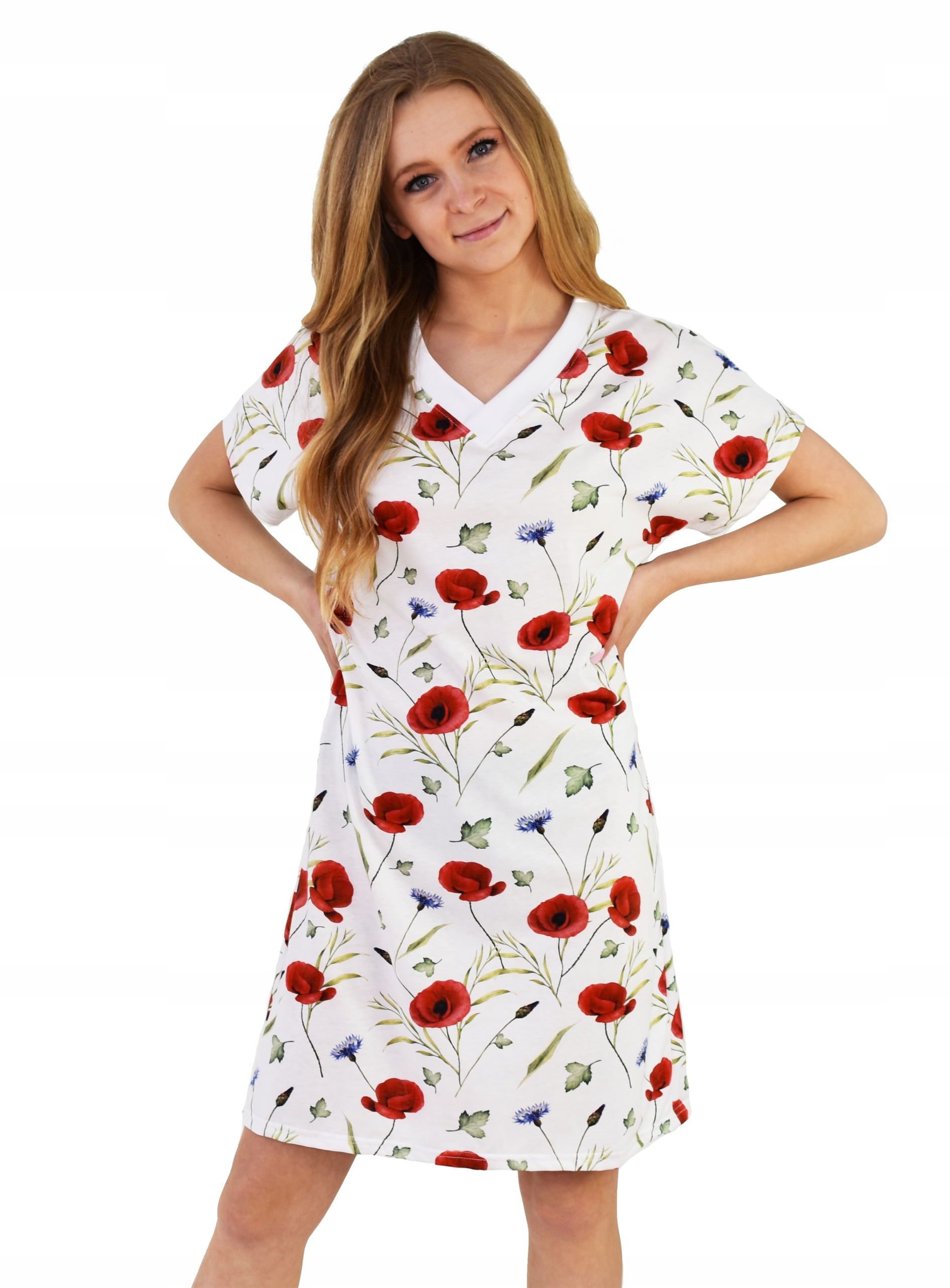 Koszula Nocna bawełniana w maki chabry elegancka Polska głęboki dekolt S Dekolt szpic