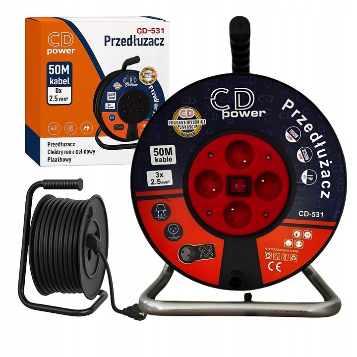 Przedłużacz Bębnowy Budowlany Do Ogrodu 50M 3x2,5 Kabel Listwa Na Bębnie Ce