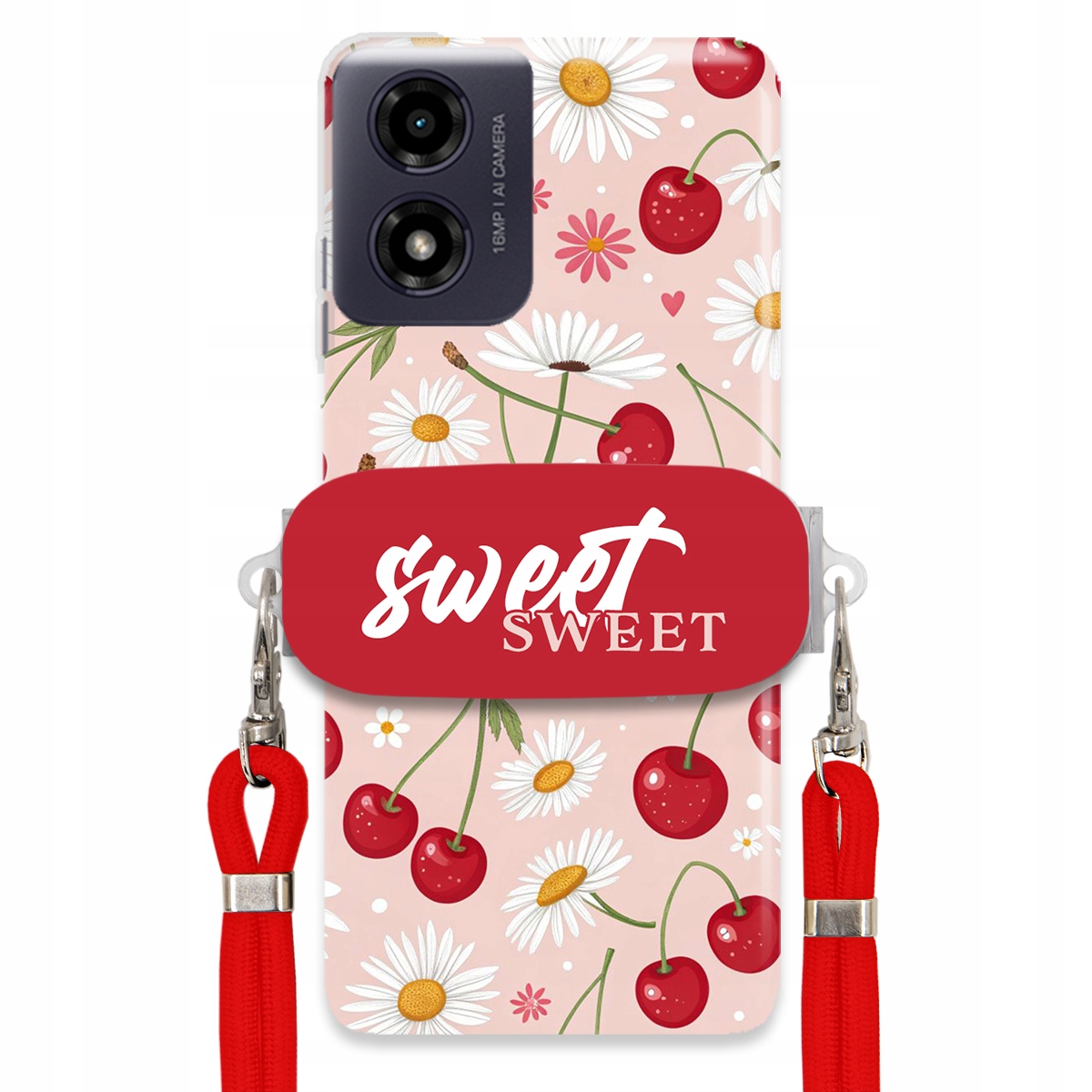 Puzdro pre Motorola G24 Červené vodítko Crossbody držiak Sweet Kvet čerešne