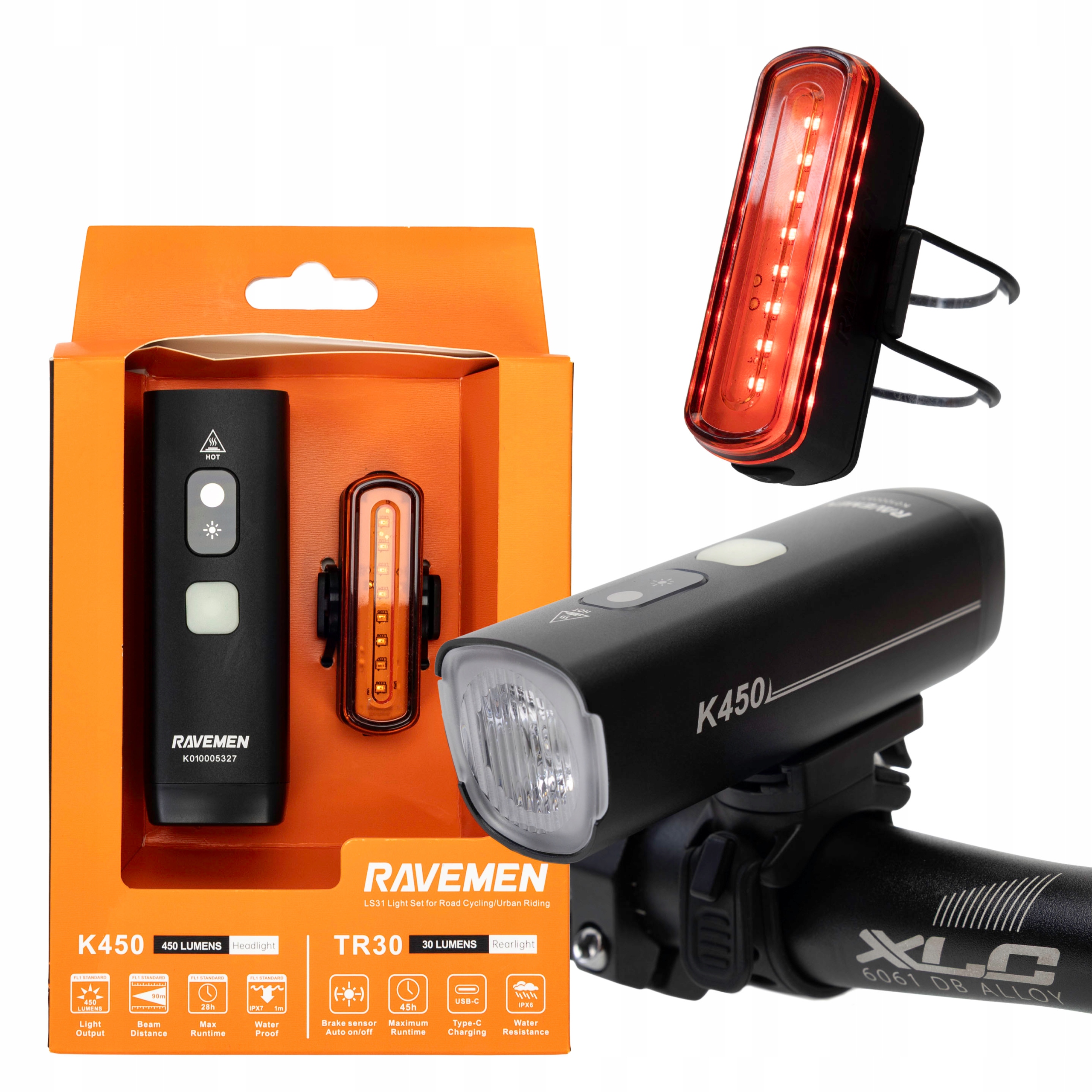 Přední zadní světlo na kolo LS31 Ravemen K450 TR30 450 lm 30 lm Usb-c