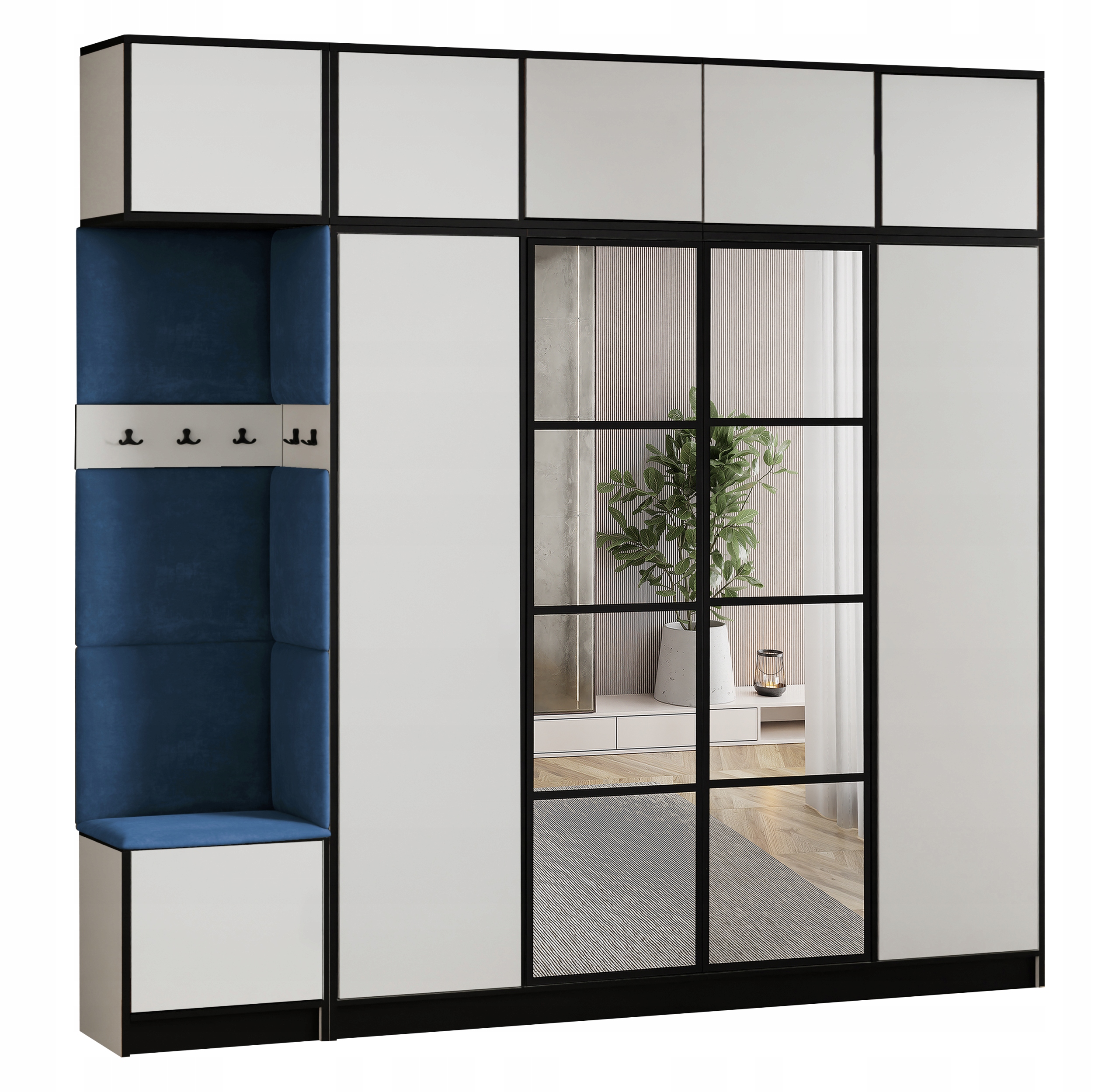 Šatní skříň Costa 15 bílá modrá tkanina, sedák s nástavcem