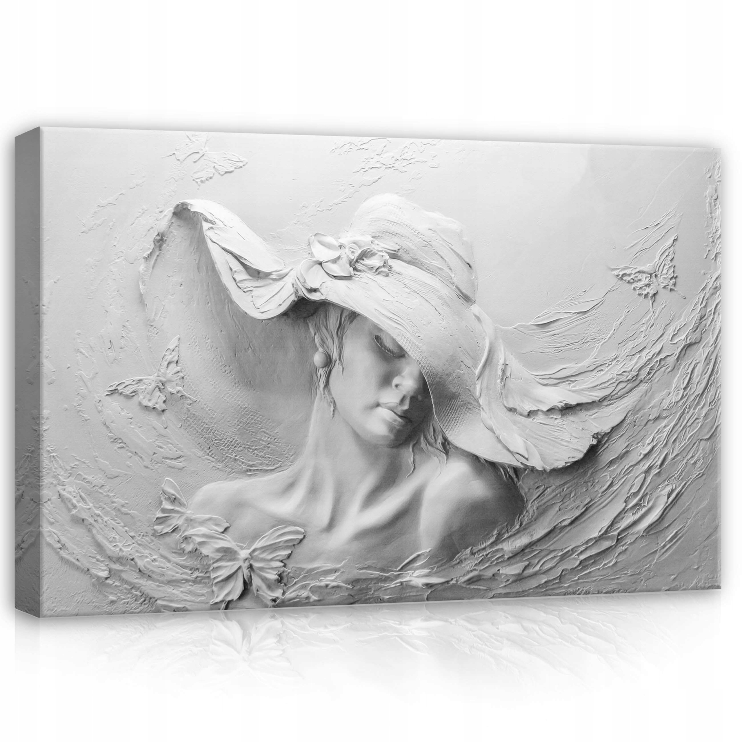 Obraz 120x80 Plochá socha žena klobouk bílá textura sádra motýli