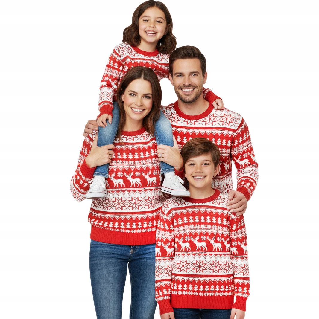 Vánoční svetry pro celou rodinu, sada 2+2 červených vánočních norských svetrů
