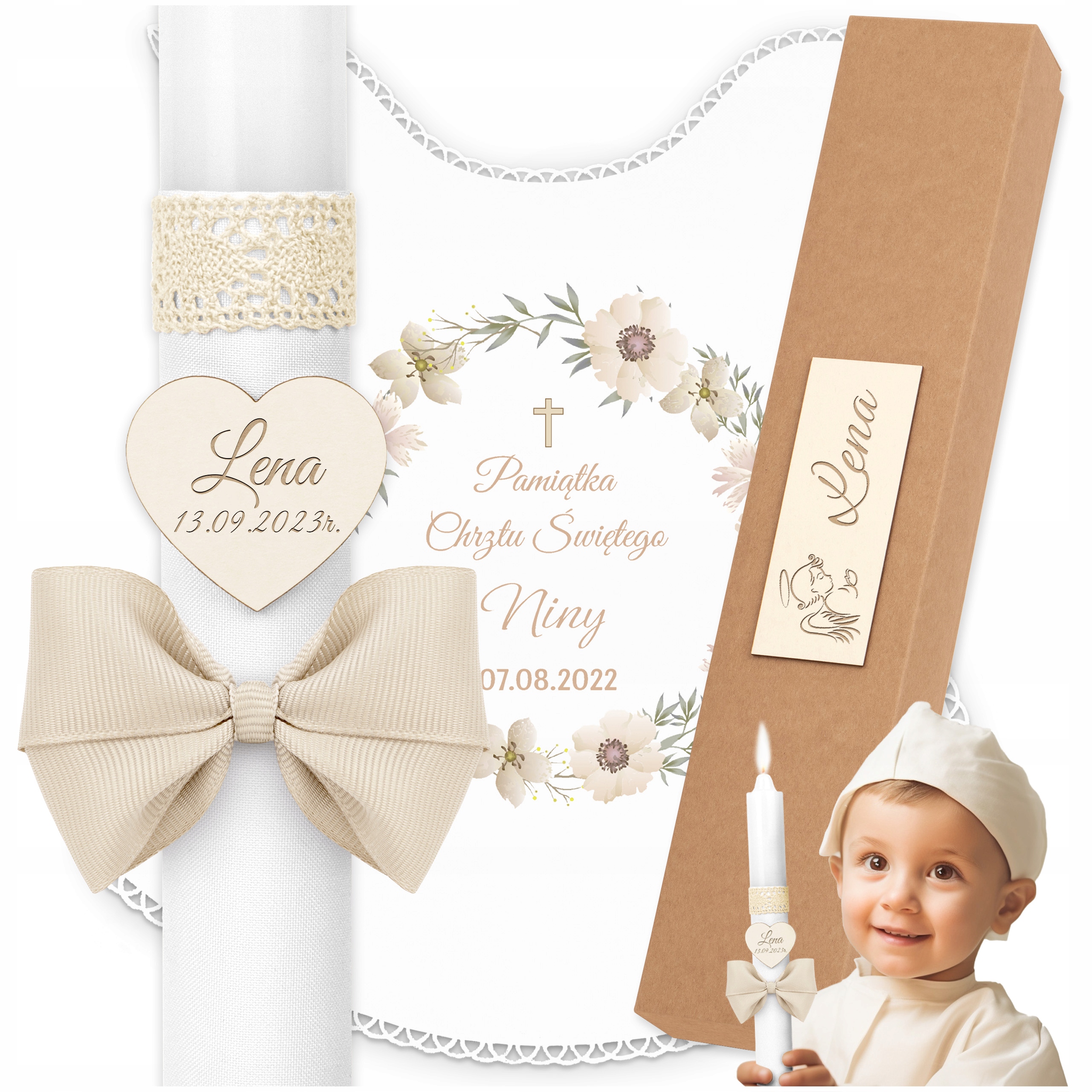 Szatka i Świeca do Chrztu Świeca Chrzest Pudełko Pamiątka Chrztu * IHS *