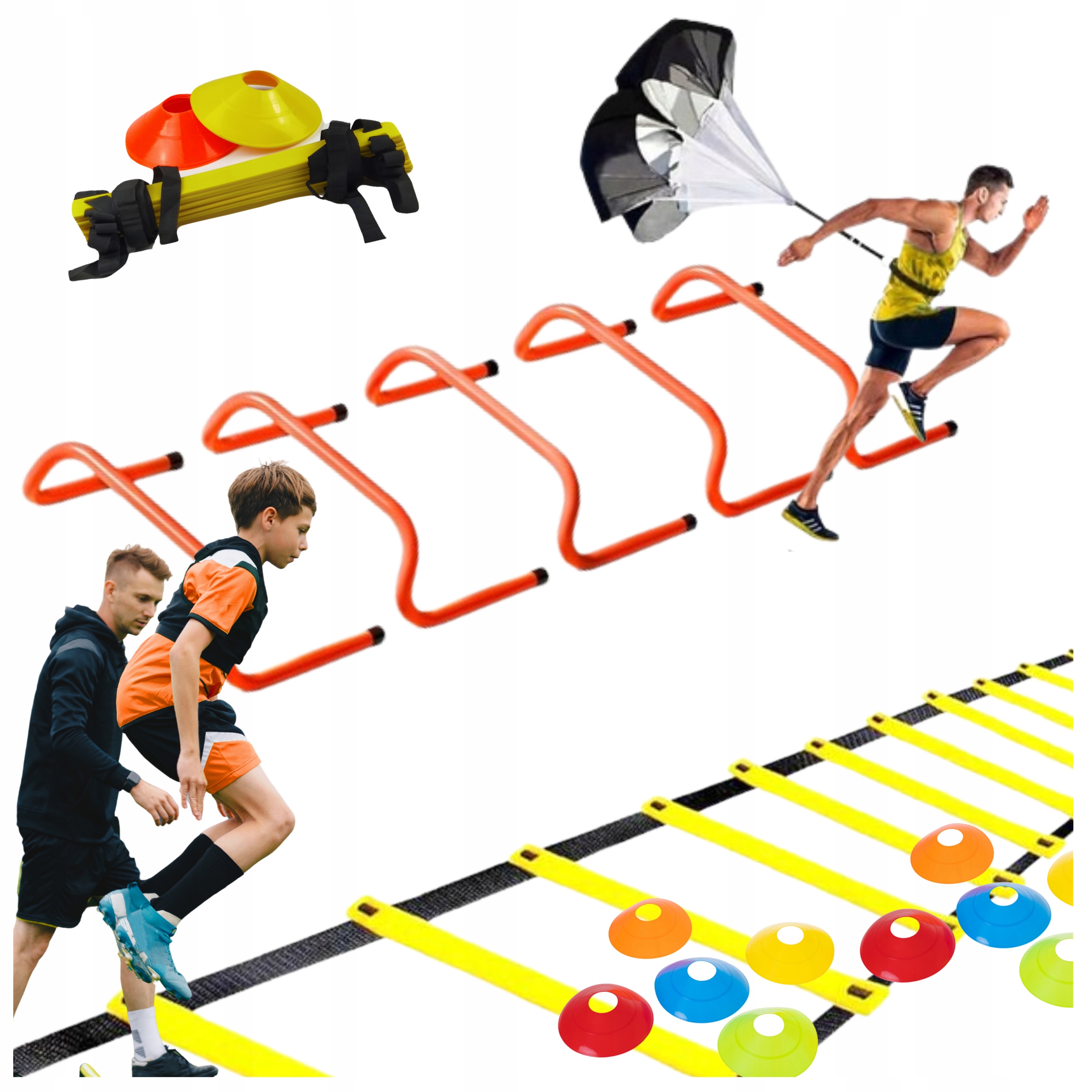 Zestaw Agility Płotki 15cm Drabinka Spadochron pachołki Piłka nożna