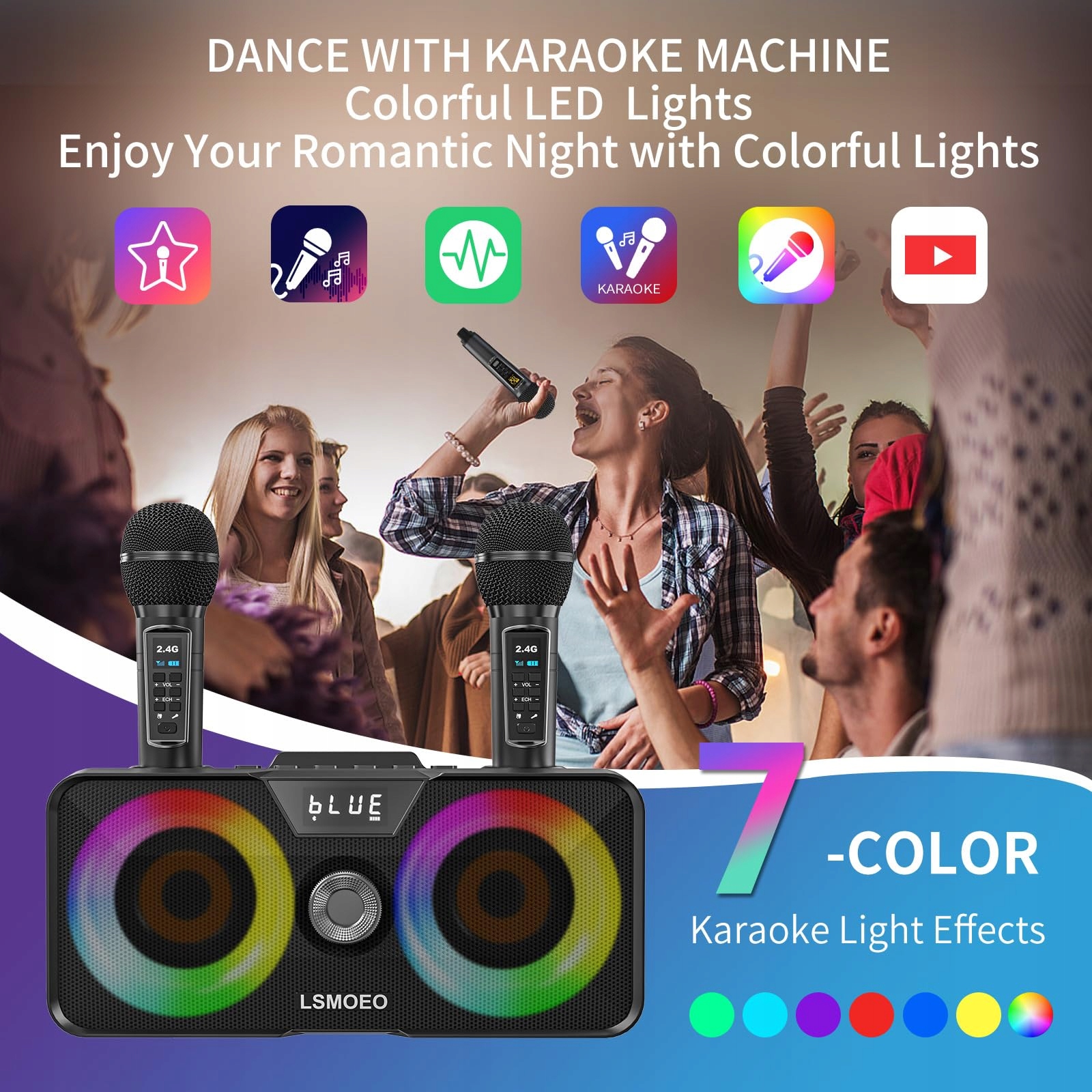 PRZENOŚNE KARAOKE MASZYNA Z GŁOŚNIKIEM BLUETOOTH I 2 MIKROFONAMI — miniatura 7