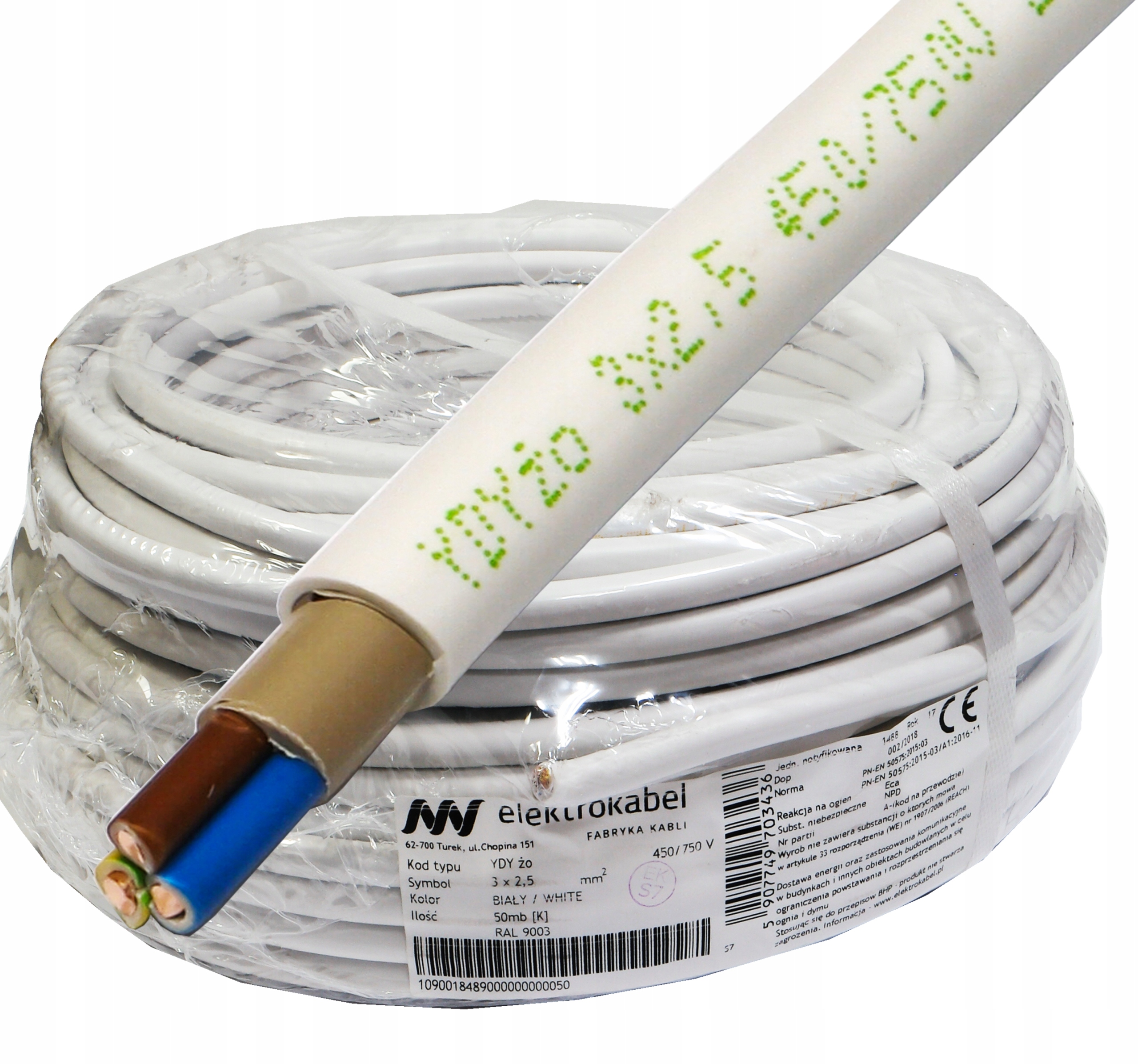 Kábel Ydy 3x2,5 mm 450 750 V drôt Cu žo 750 V 50 m