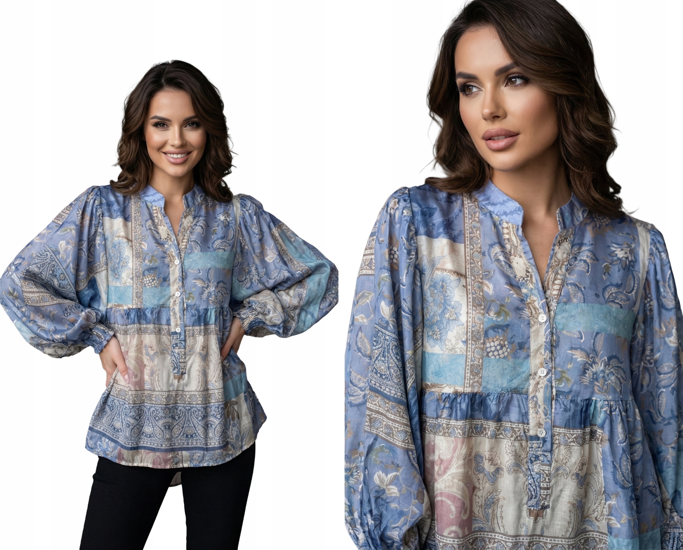 Bluzka Damska Koszula Boho Zwiewna Luźna Oversize Niebieska