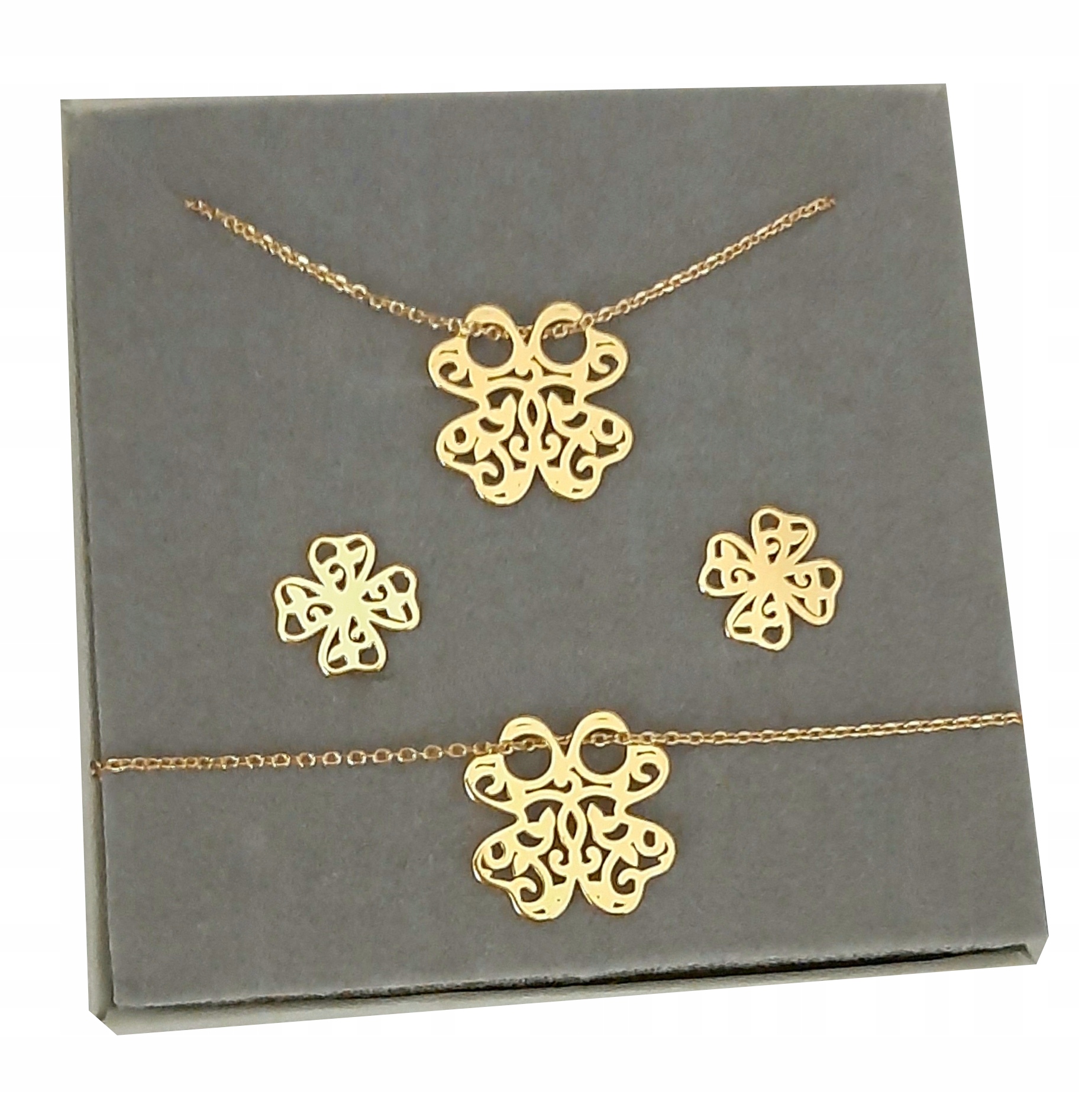 

Komplet złoty Koniczynka Ażur srebro 925