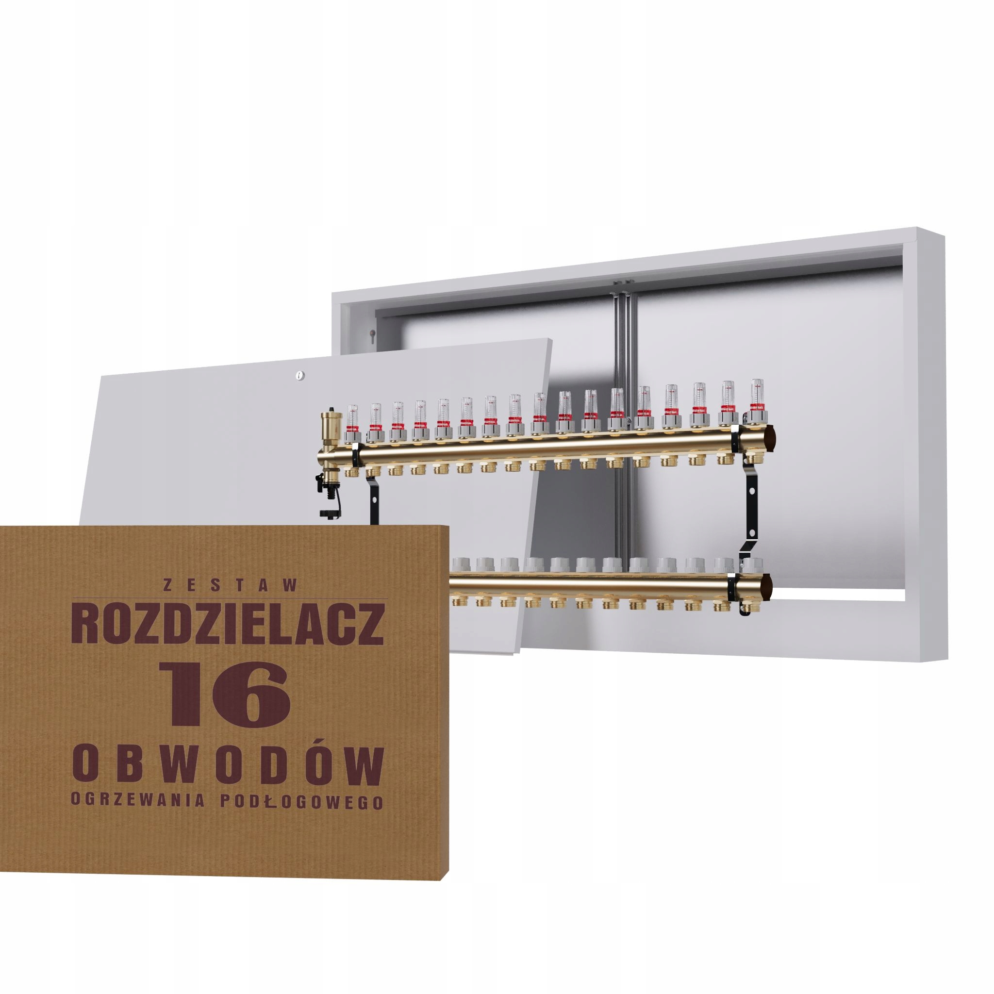 Mosadzný 16-obvodový rozdeľovač na podlahu a nástenná skrinka, biela farba