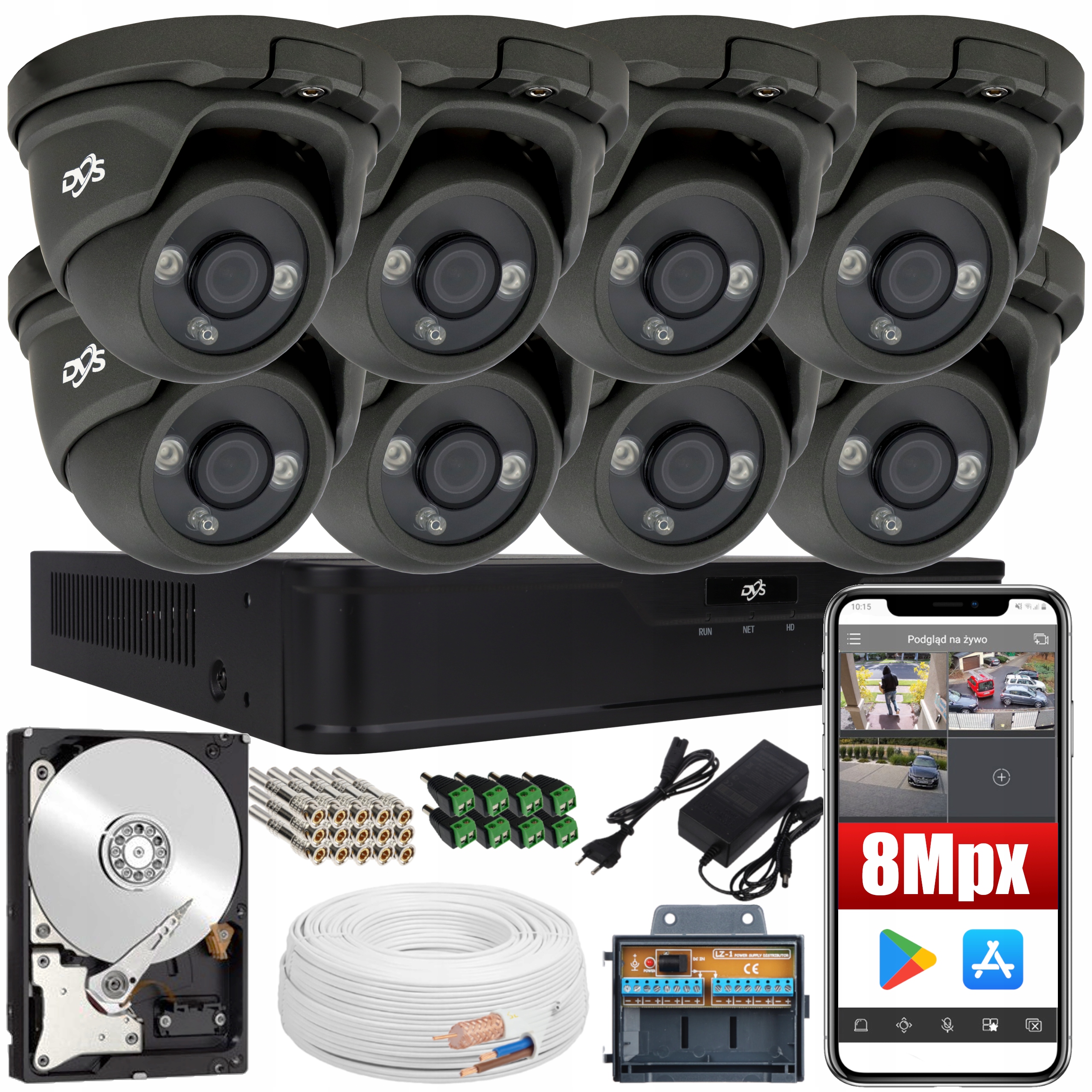 ZESTAW MONITORINGU 8 kamery 8Mpx aplikacja DVS 1TB