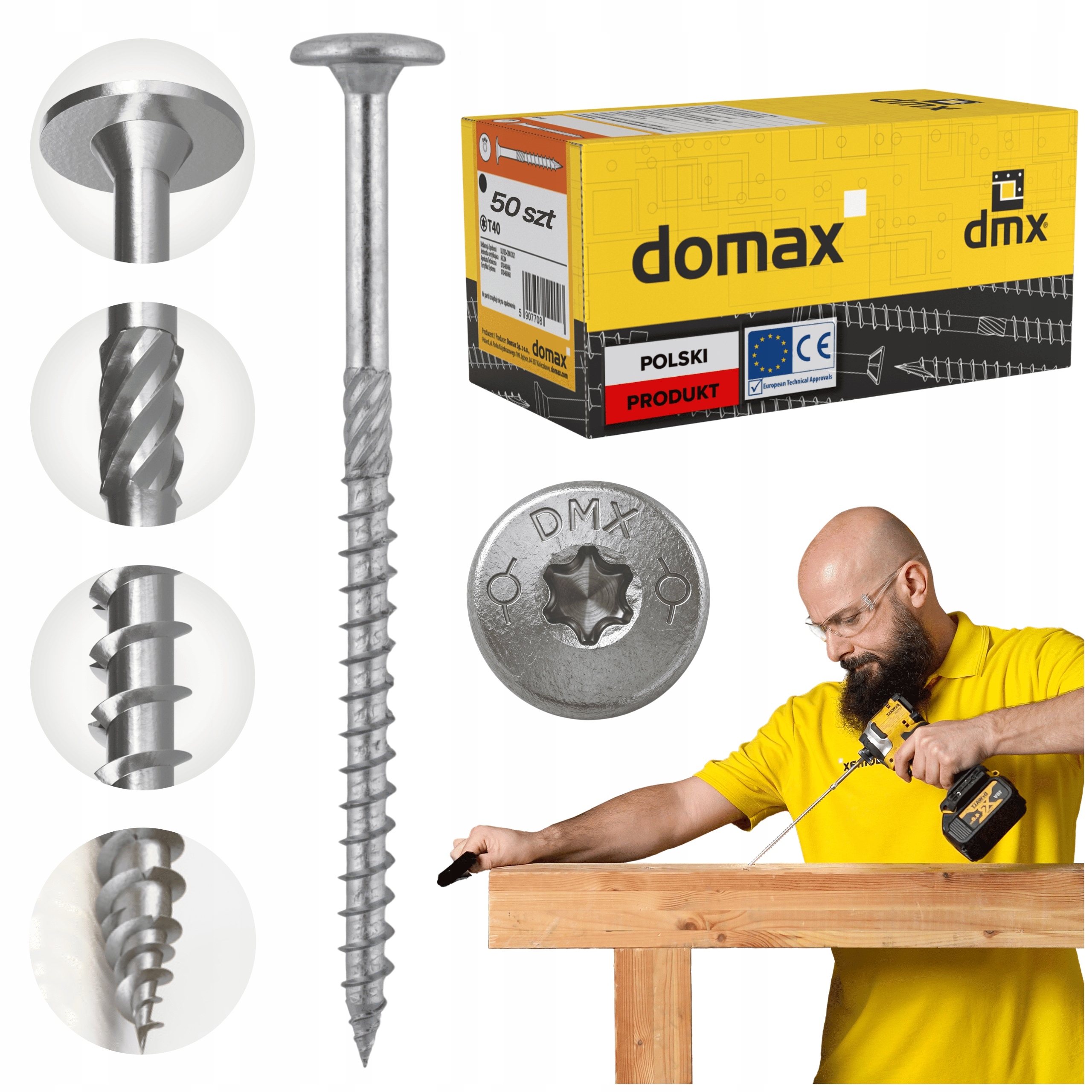 Tesařské Vruty 8x400 Talířové Torx 50 ks Do Dřeva Domax Ct Stříbrné