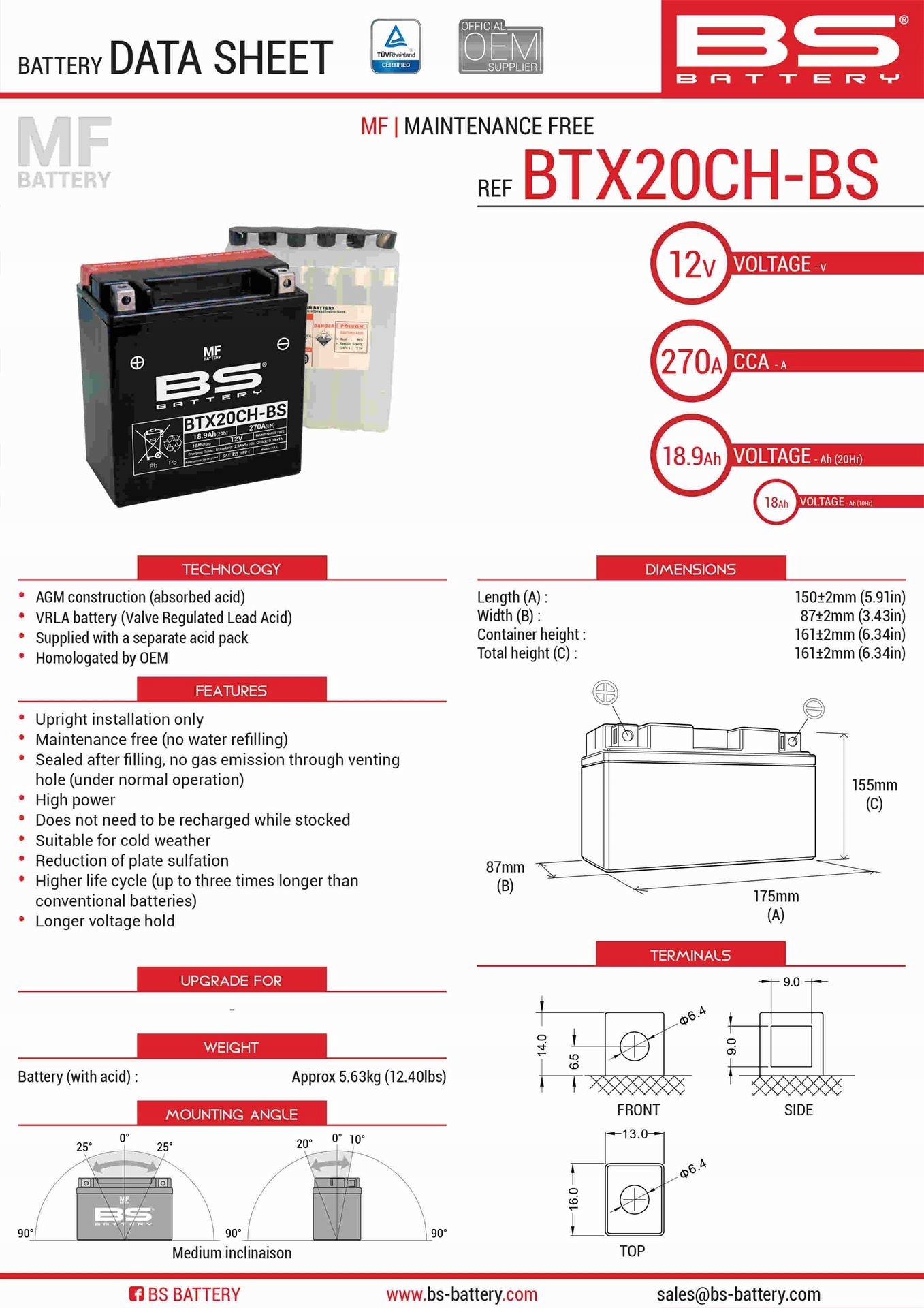 Bs Batéria BTX20CH-BS (YTX20CH-BS, YTX20A-BS) 12V 18AH 150X87X161 Bezobs