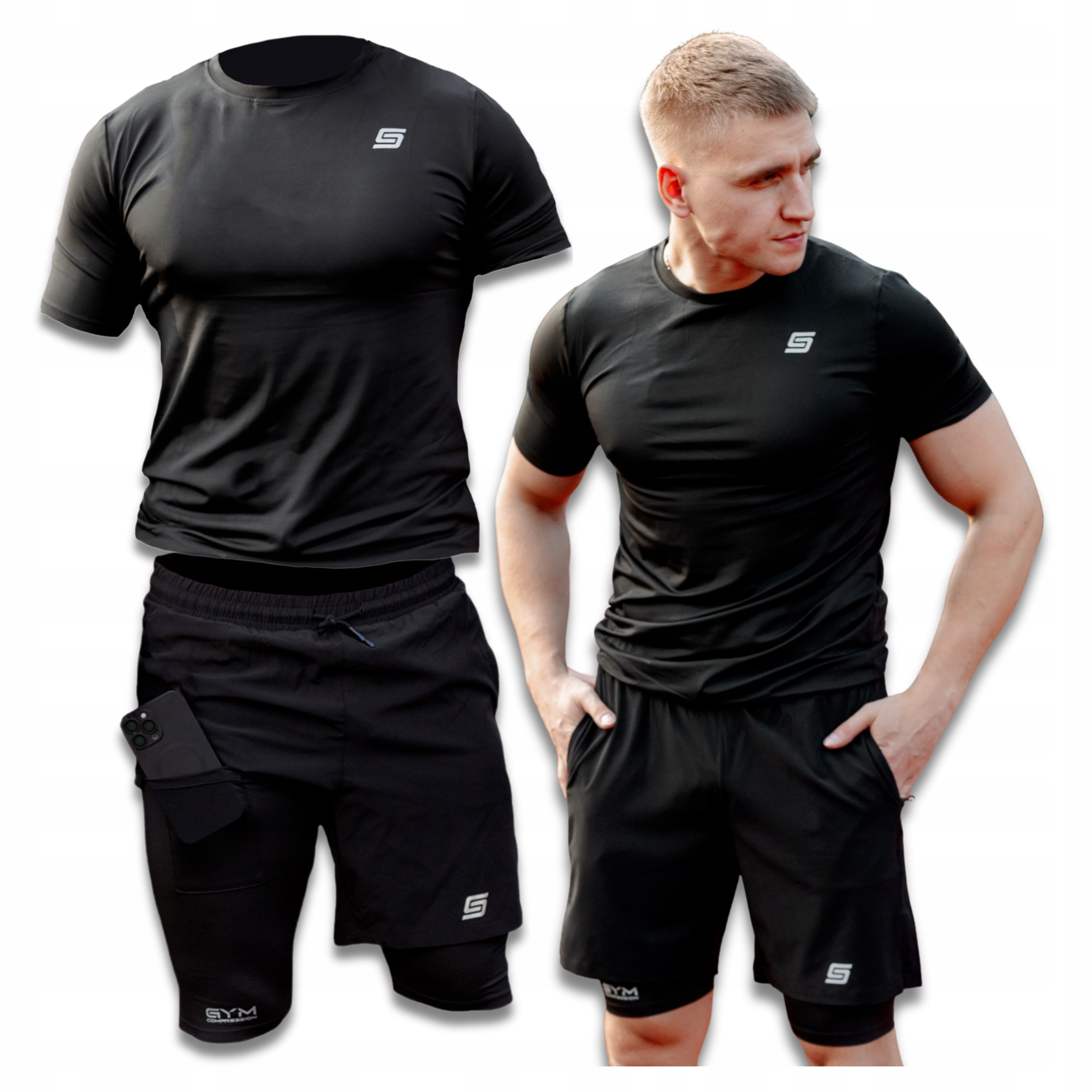 Komplet Sportowy Męski 2w1 Koszulka Szorty Kompresyjne Treningowe Termo