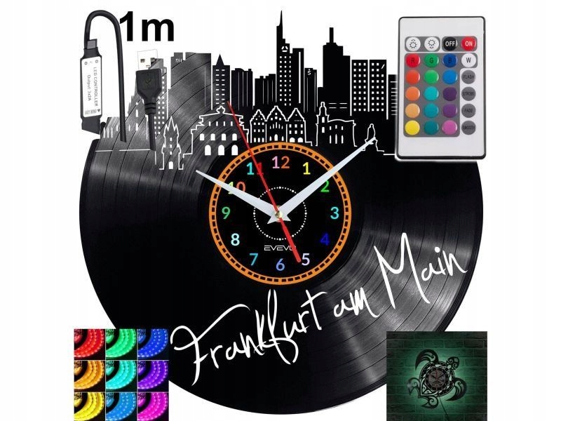 Frankfurt Nástěnné hodiny podsvícené Led Rgb na dálkové ovládání Vinylová deska Nowoc