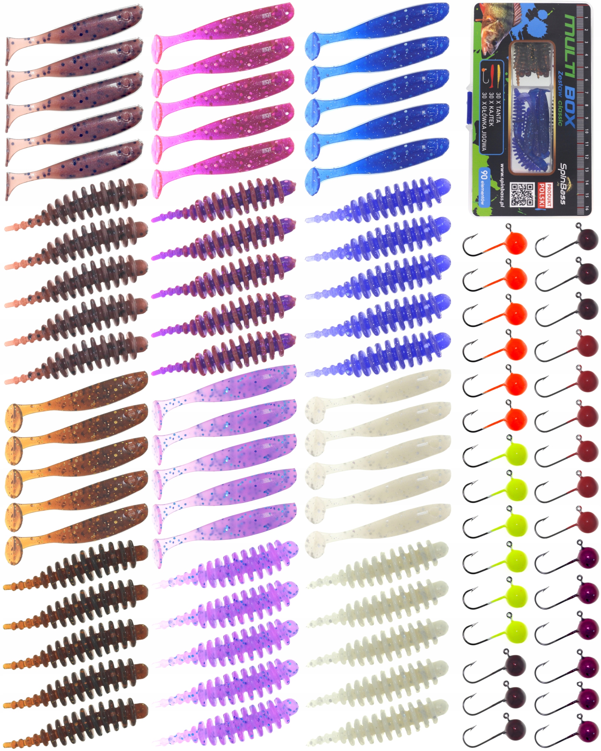 Zestaw Przynęt Spinningowych na Okonia Pstrąga z kolorowymi główkami 90szt.