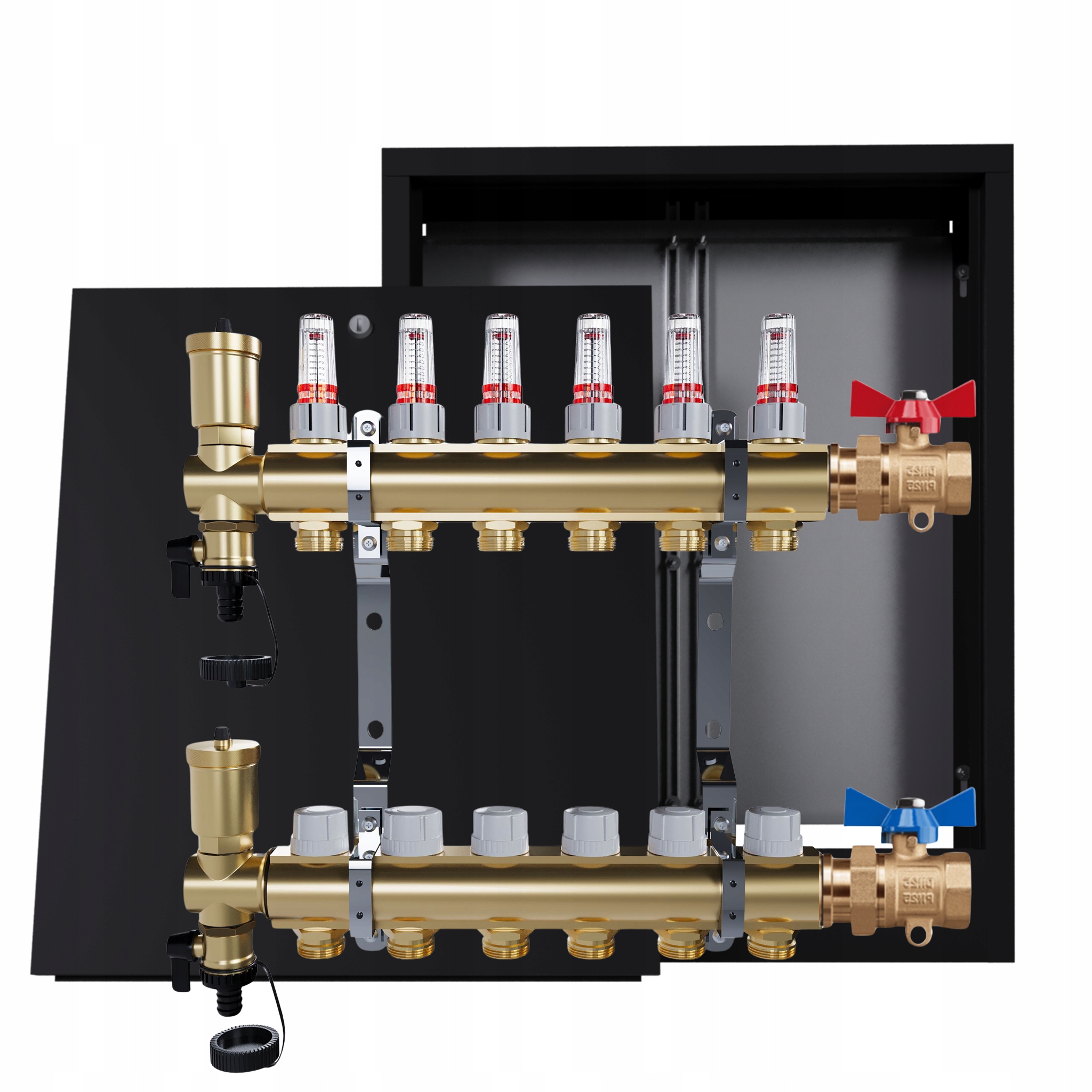 Rozdělovač podlahových krytin mosazný 6 okruhů skříňka černá jednoduchý ventil