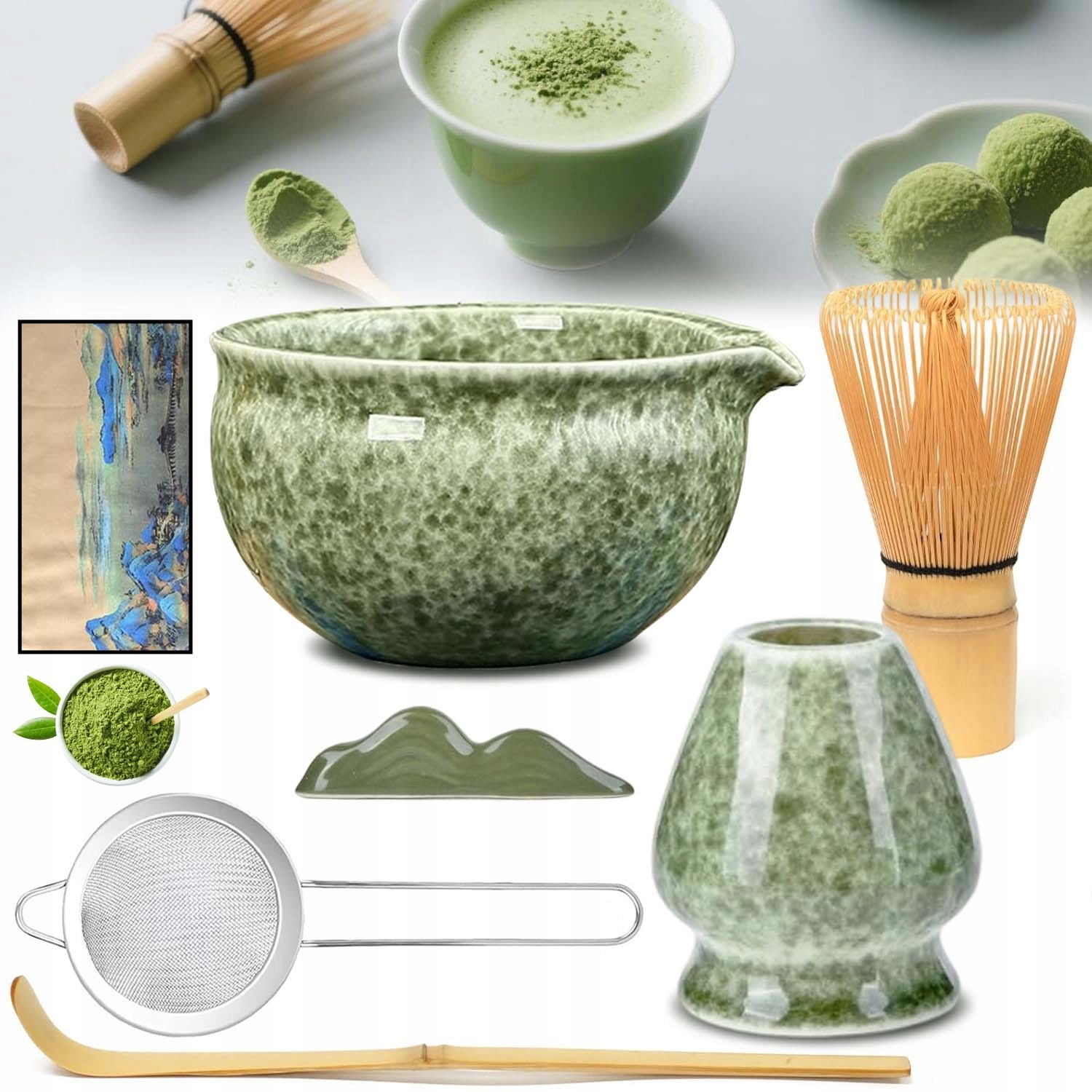 Zestaw Prezentowy Do Herbaty Matcha Czarka Miotełka Podstawka Łyżeczka