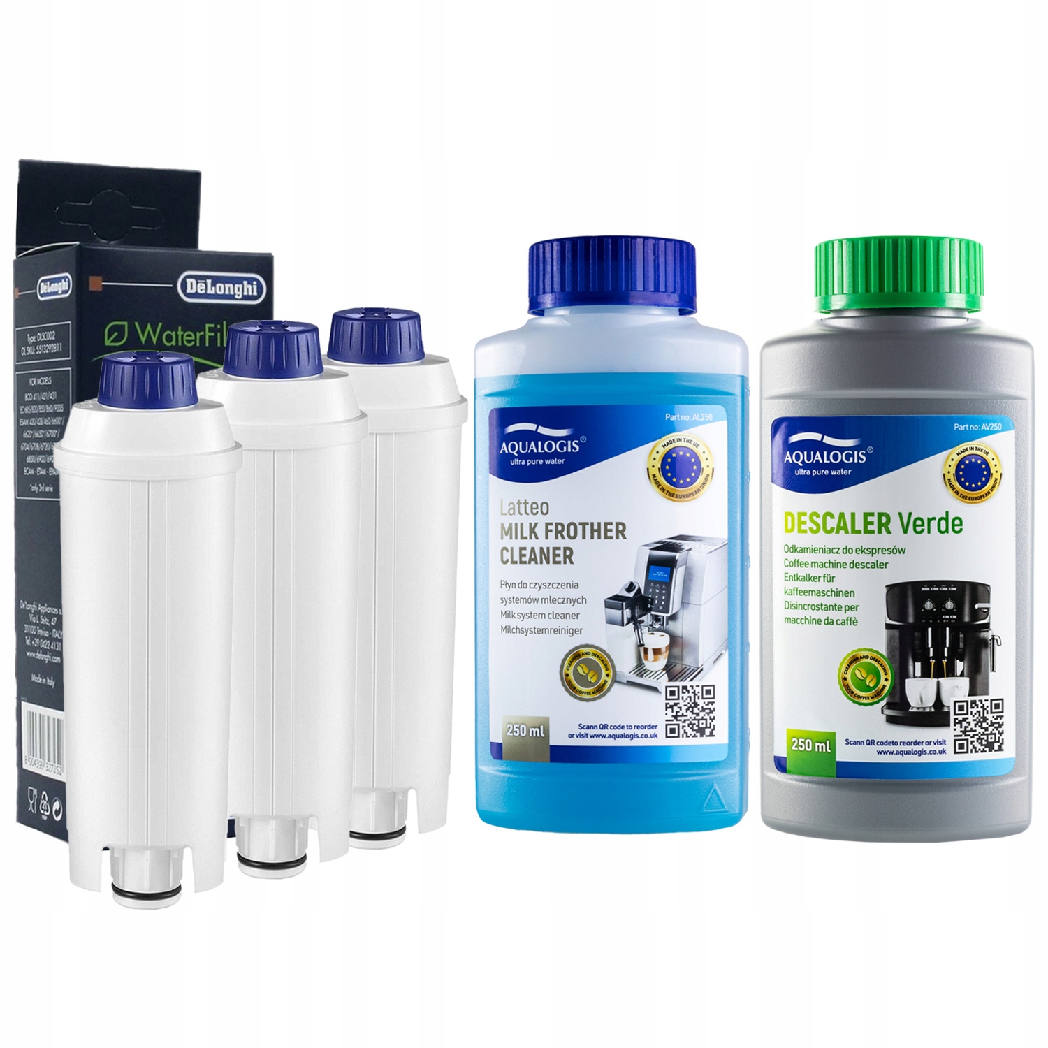 3x Filtr DLSC002 pro kávovar Delonghi Tekutina Verde 250 ml Tekutina Latteo 250 ml