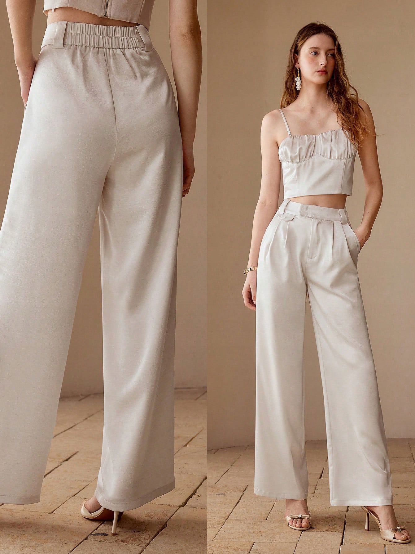 Elegantní Saténové Kalhoty S Vysokým Pasem, Béžové, Premium Motf Xs 34