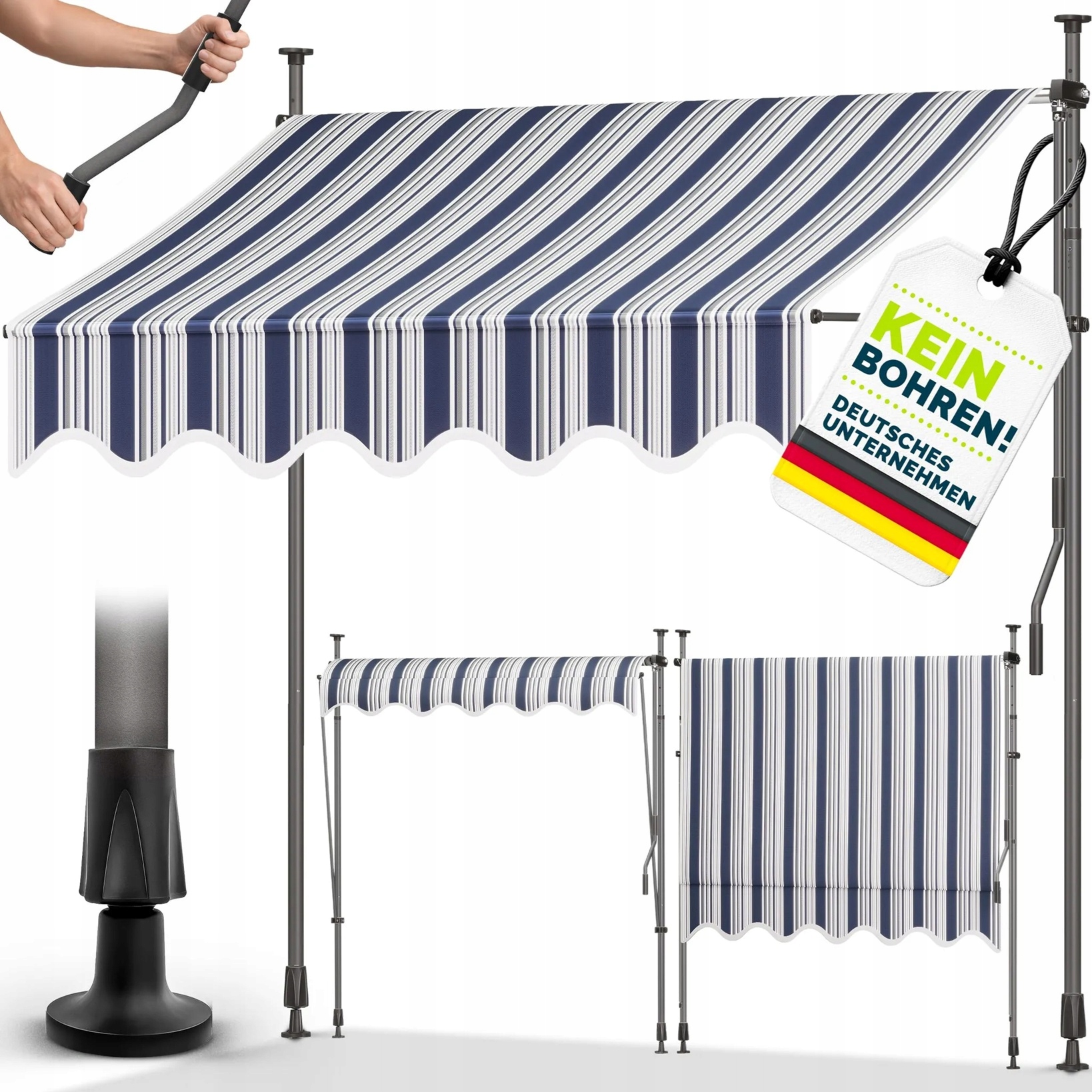 Balkónová slnečná markíza 250 cm modro-šedá s pruhmi