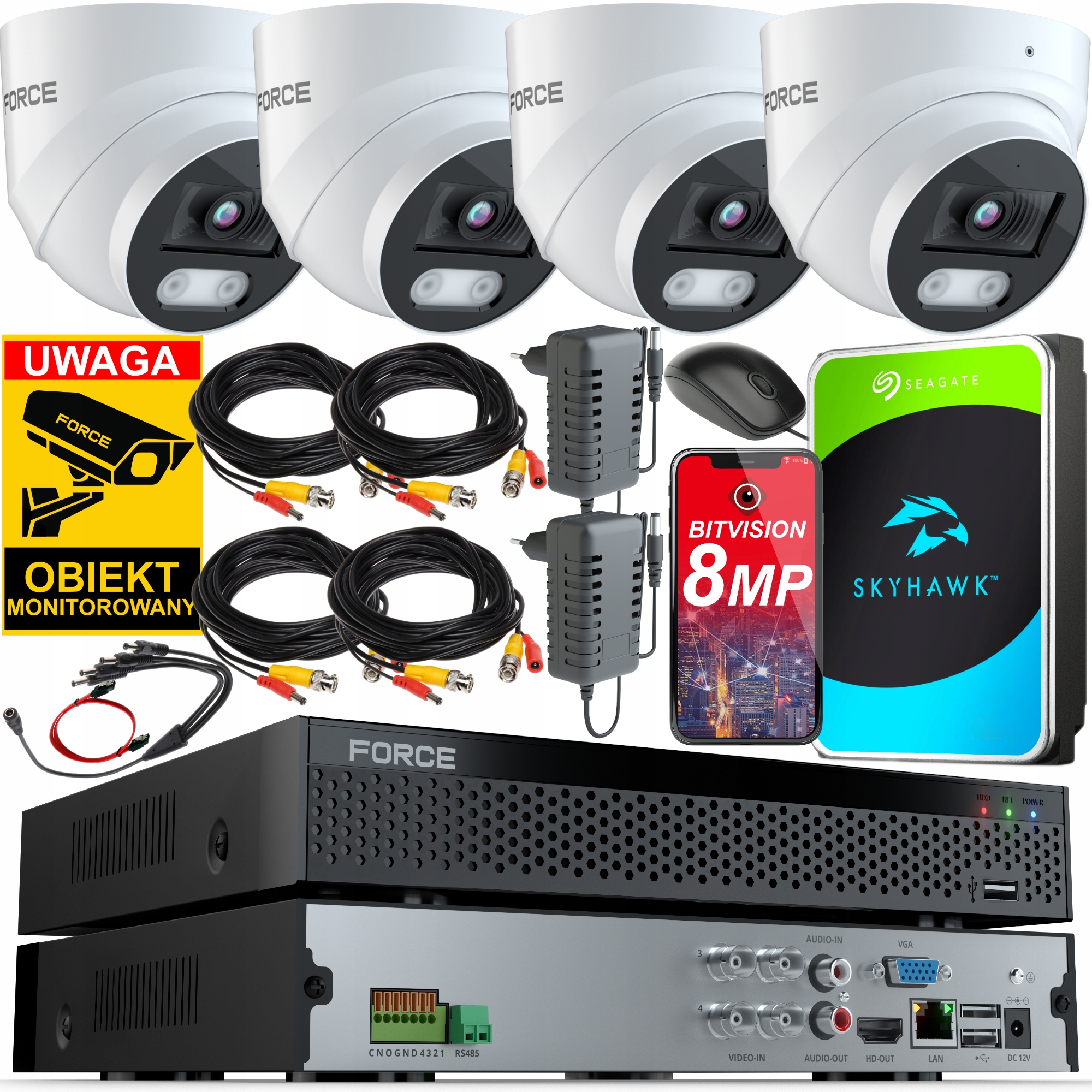 Force Zestaw monitoringu 4x Kamera Ahd 8MPx 4K, Dysk 1TB, Podgląd
