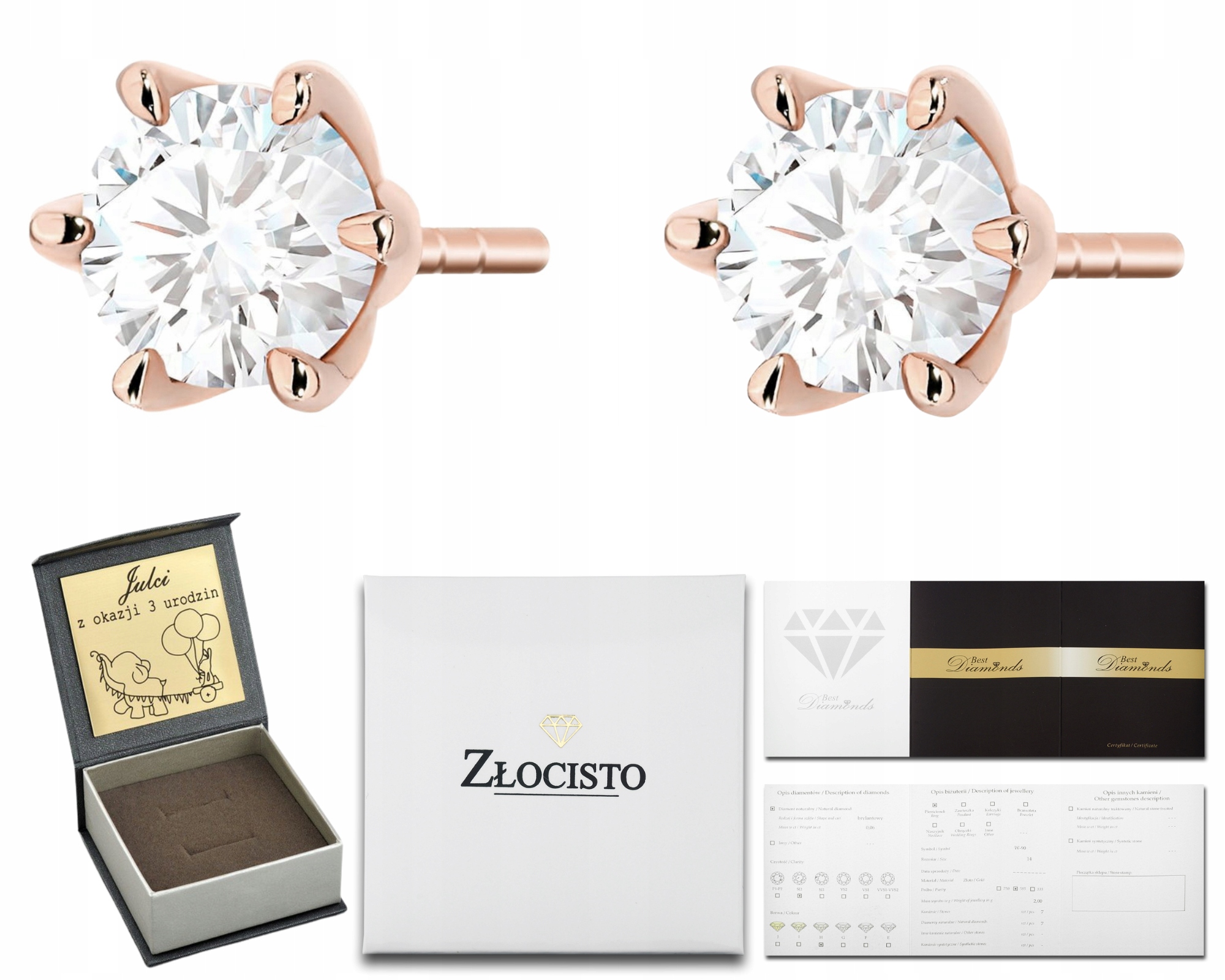 Růžové Zlato Náušnice , Zlato 585, Dárek Gravírování