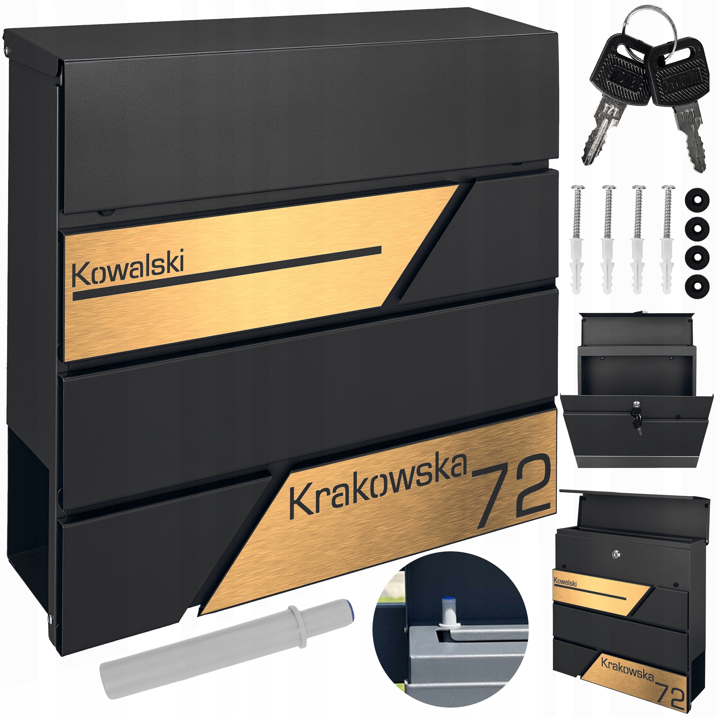 Černá Schránka Na Poštu A Noviny, Zlaté Adresní Štítky, Tiché Zavírání