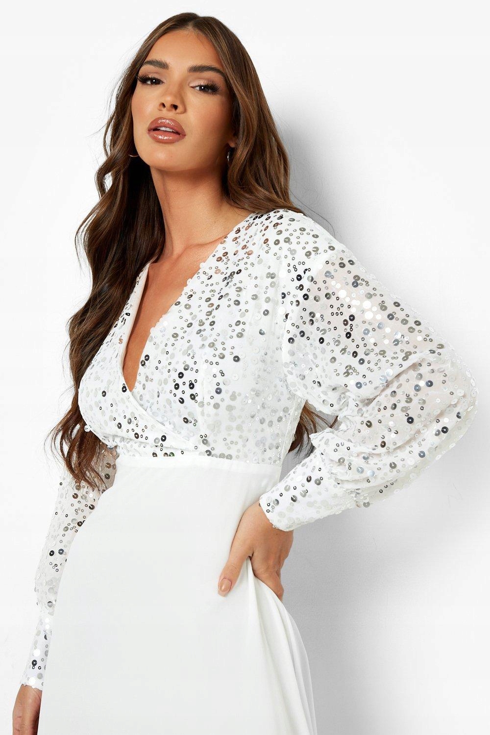 N007E23 Boohoo BIAŁA SUKIENKA ELEGANCKA CEKINY 40 Marka Boohoo