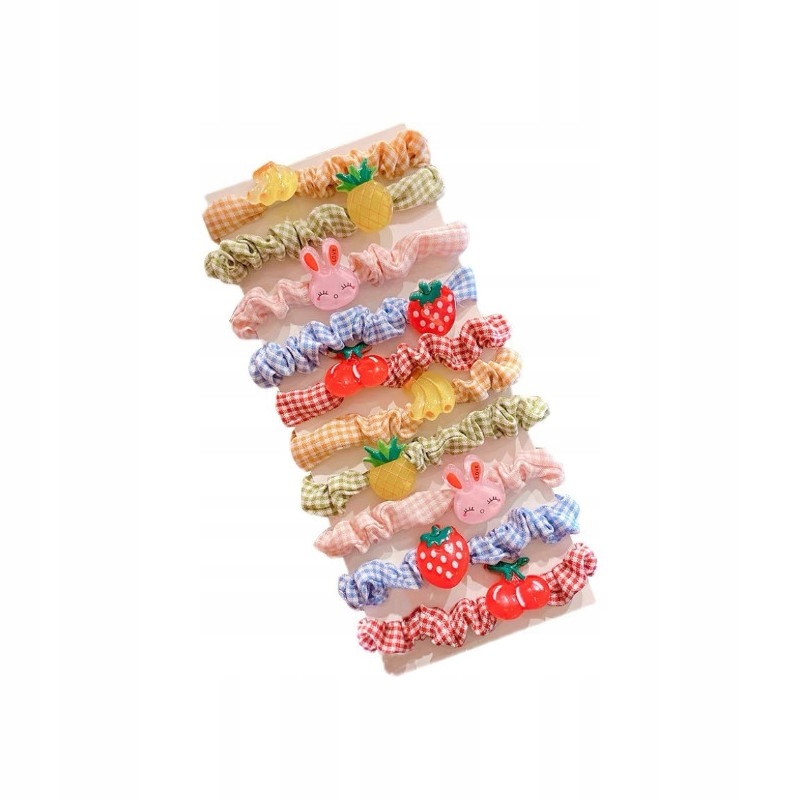 ZESTAW FROTEK / GUMEK DO WŁOSÓW 10 SZTUK - OWOCE I KRÓLICZKI - KOLOROWE